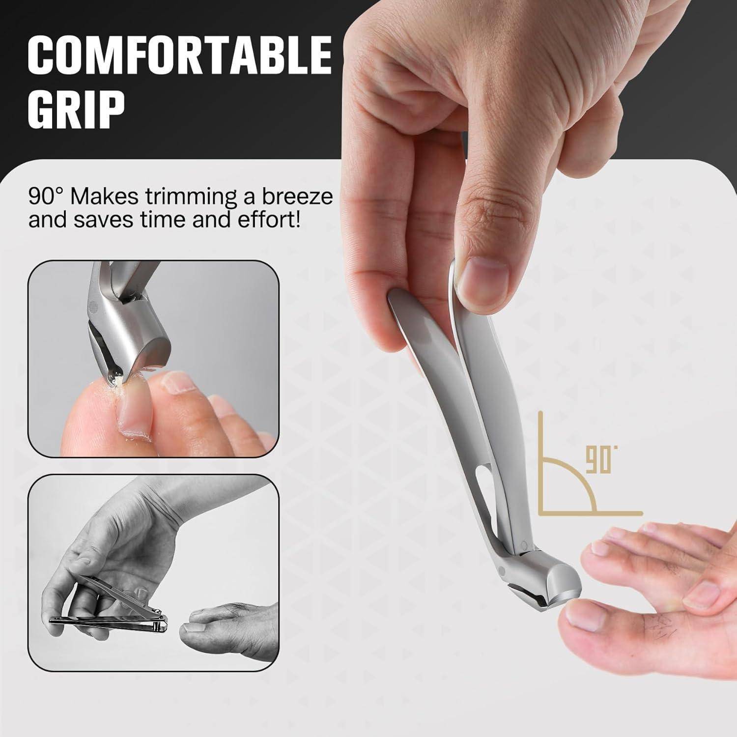 Eine Hand demonstriert die Verwendung einer Nagelschere mit einem ergonomischen 90-Grad-Griff, der darauf abzielt, das Trimmen zu erleichtern und Zeit zu sparen.