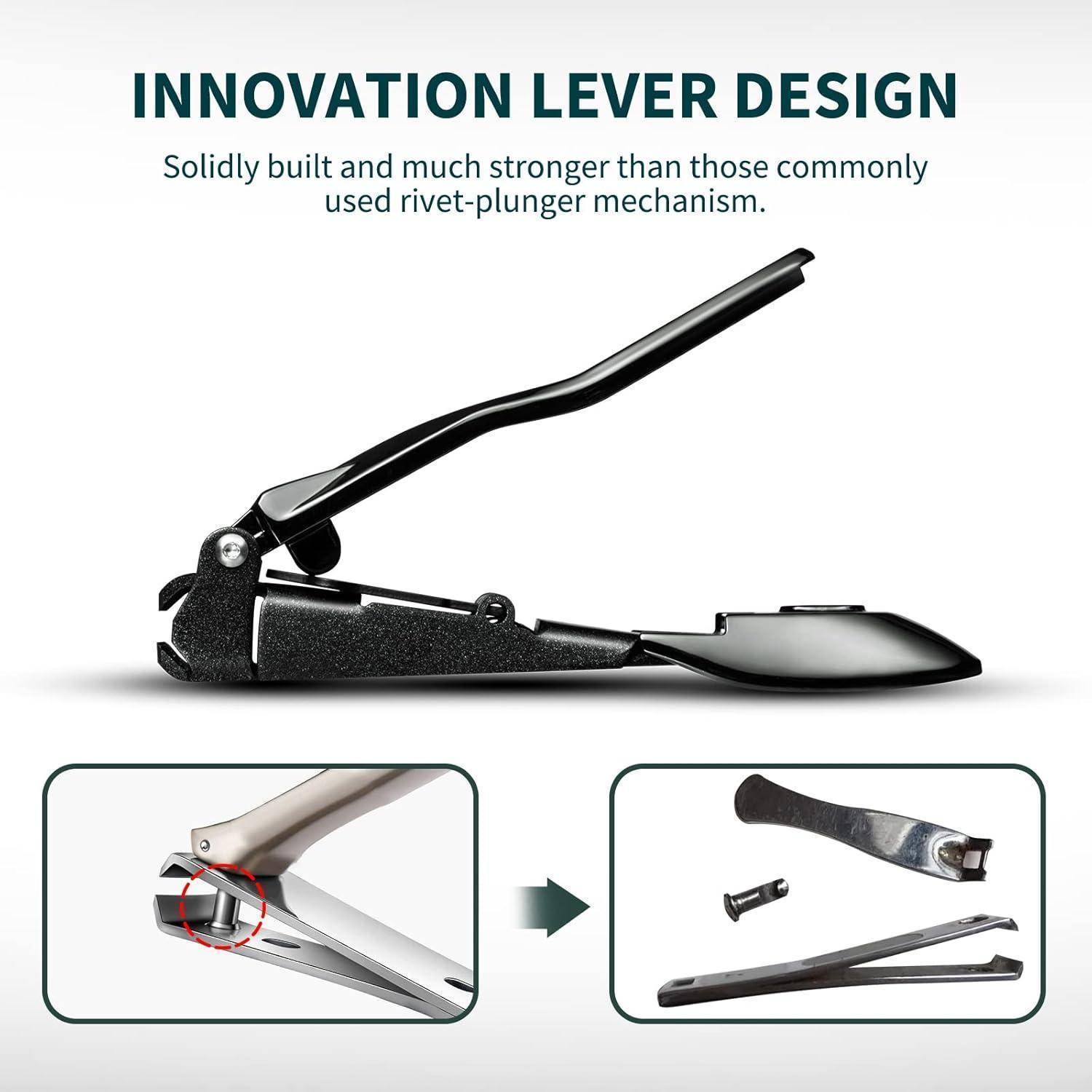 Nagelknipser mit innovativem Hebel-Design, solide gebaut für Stabilität. Abbildung zeigt seine Komponenten und Mechanismuserläuterung.