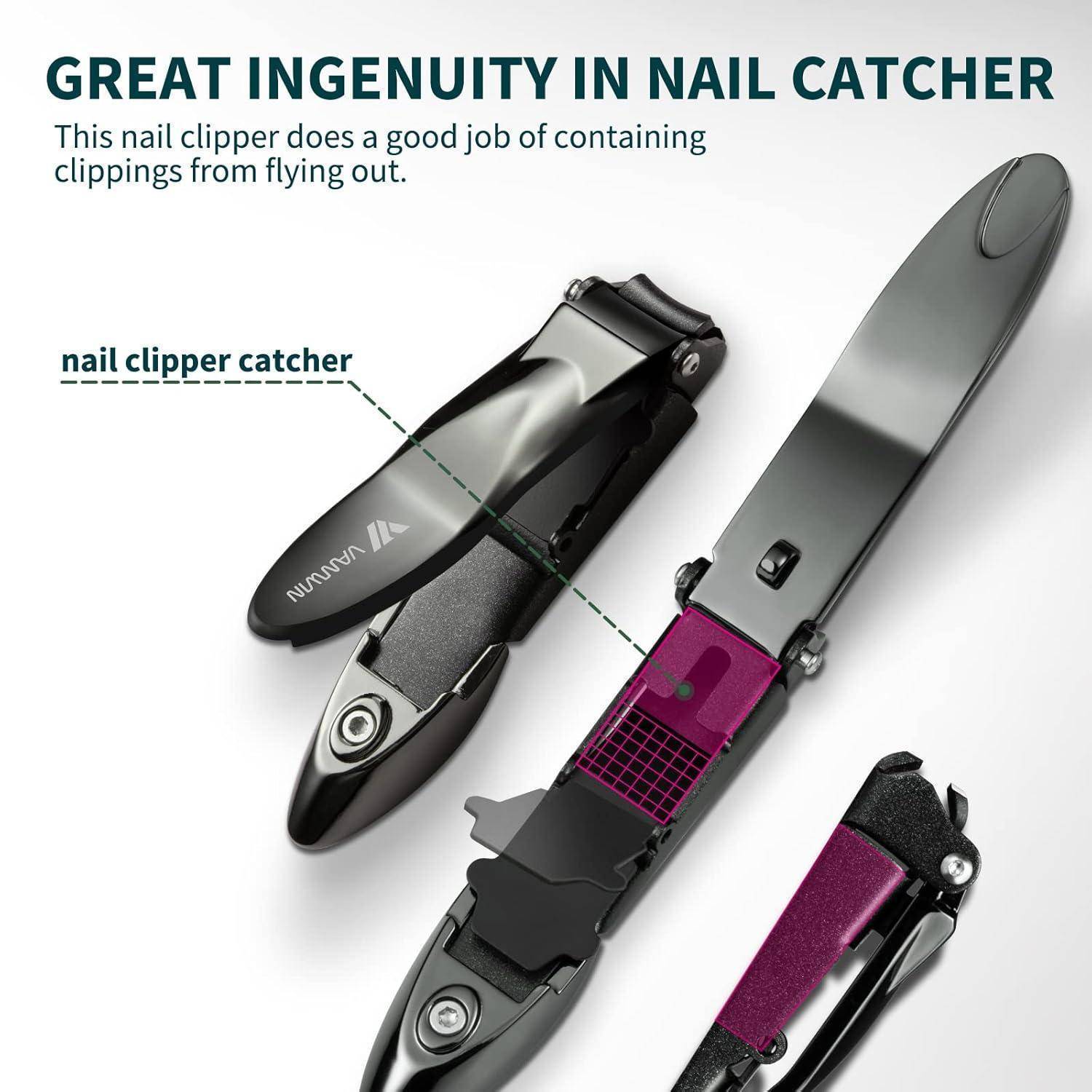 Nagelschneider mit integriertem Auffangbehälter für Nagelabfälle werden gezeigt. In geöffneter und geschlossener Position platziert, wobei ein innovatives Design für ordentliche Verwendung demonstriert wird.