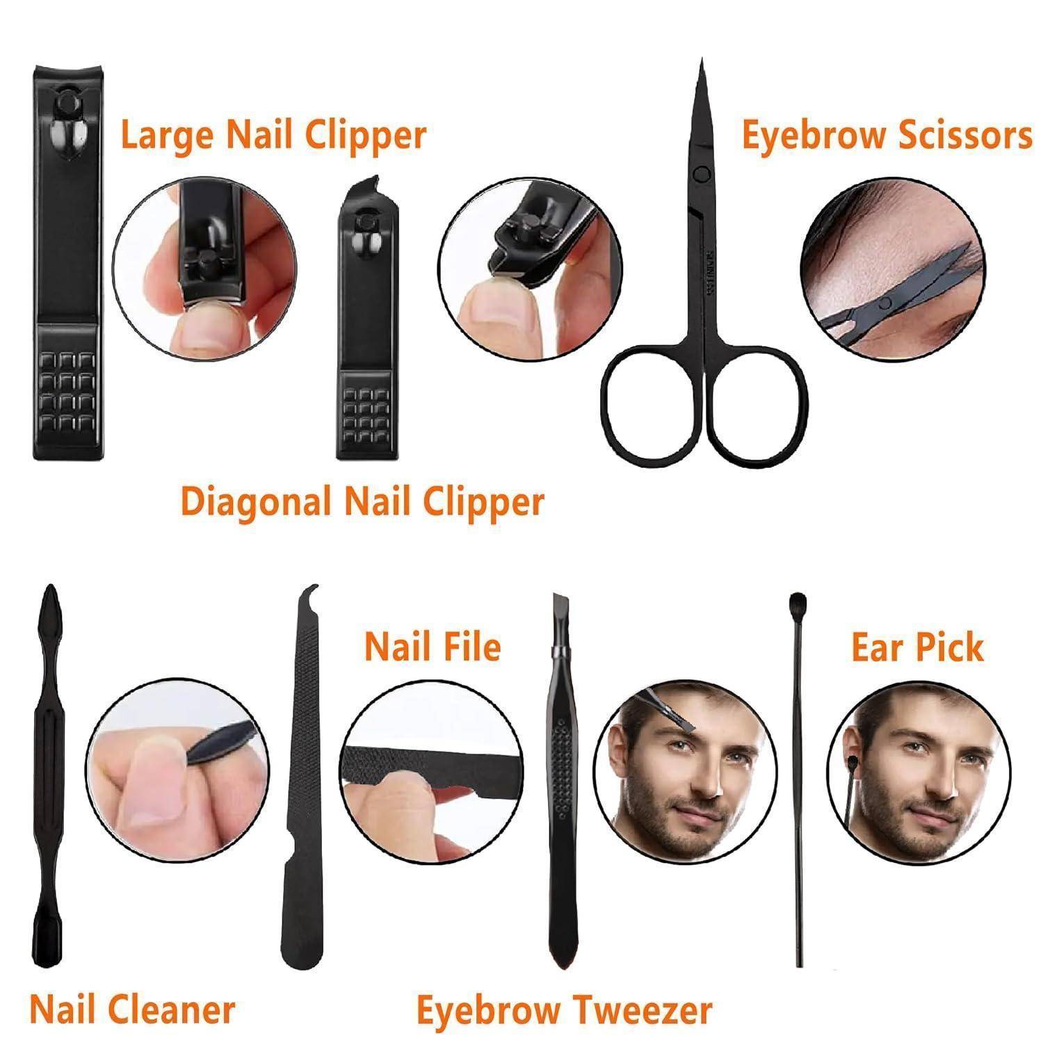 Nagelpflegeset mit großen diagonalen Nagelschneidern, Augenbrauenschere, Nagelreiniger, Nagelfeile, Augenbrauenzange und Ohrenreiniger.