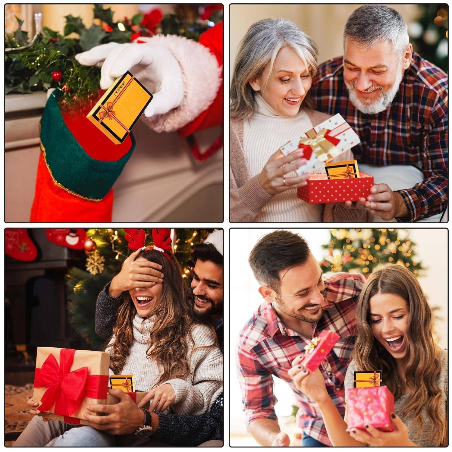 Eine Reihe von Bildern, die Menschen zeigen, die verpackte Geschenke mit einer Schachtel Pralinen erhalten und dabei Freude und Überraschung in einer festlichen Umgebung ausstrahlen.