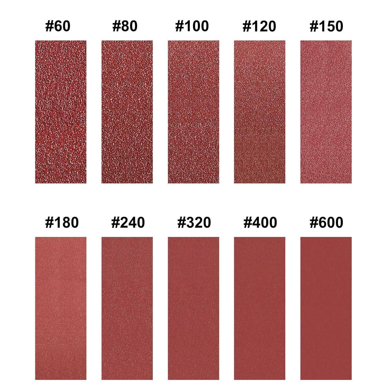 Schleifpapier-Körnung Übersicht mit Körnungsgrößen: '#60', '#80', '#100', '#120', '#150', '#180', '#240', '#320', '#400', '#600'.