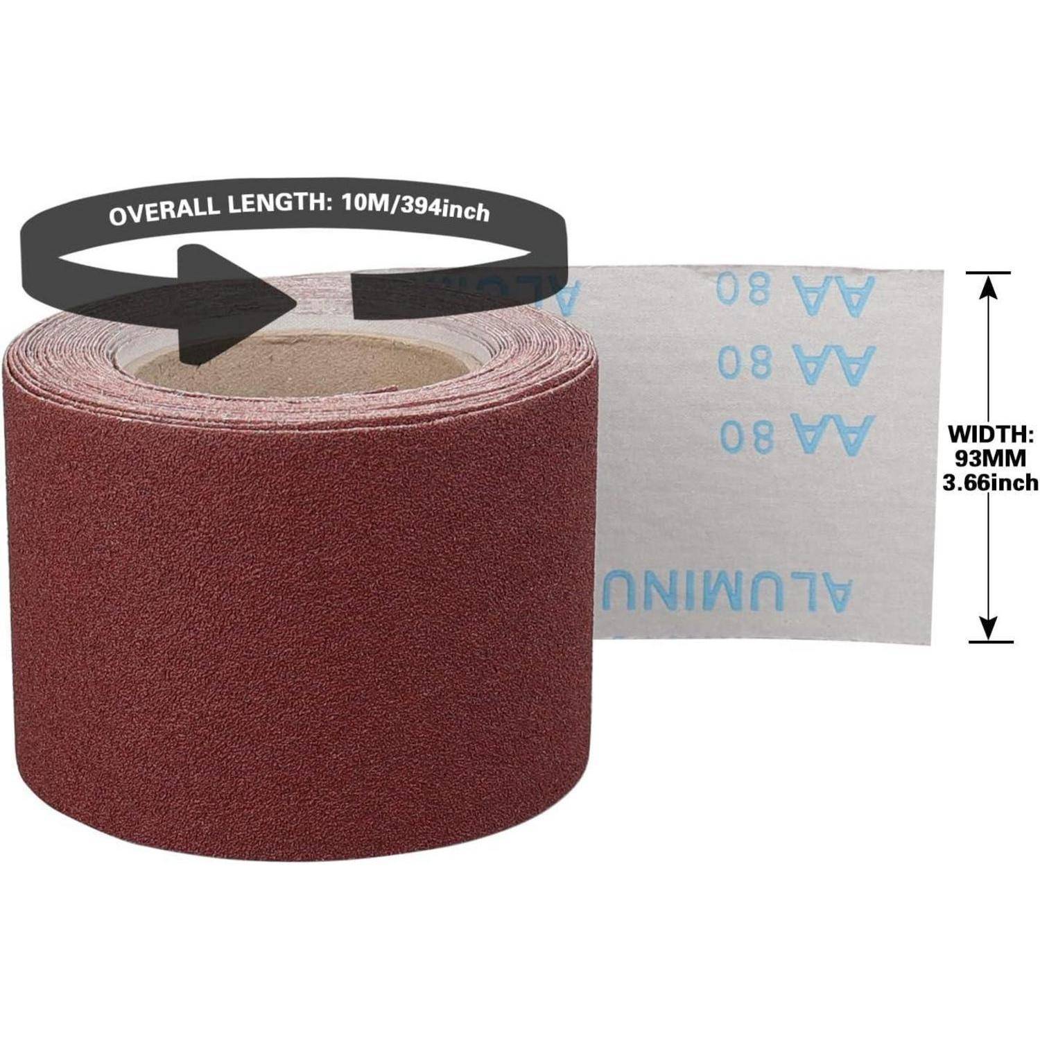 Eine Rolle AA-Aluminiumoxid-Schleifpapier, Gesamtlänge 10 m (394 Zoll), Breite 93 mm (3,66 Zoll), dargestellt mit Maßpfeil.