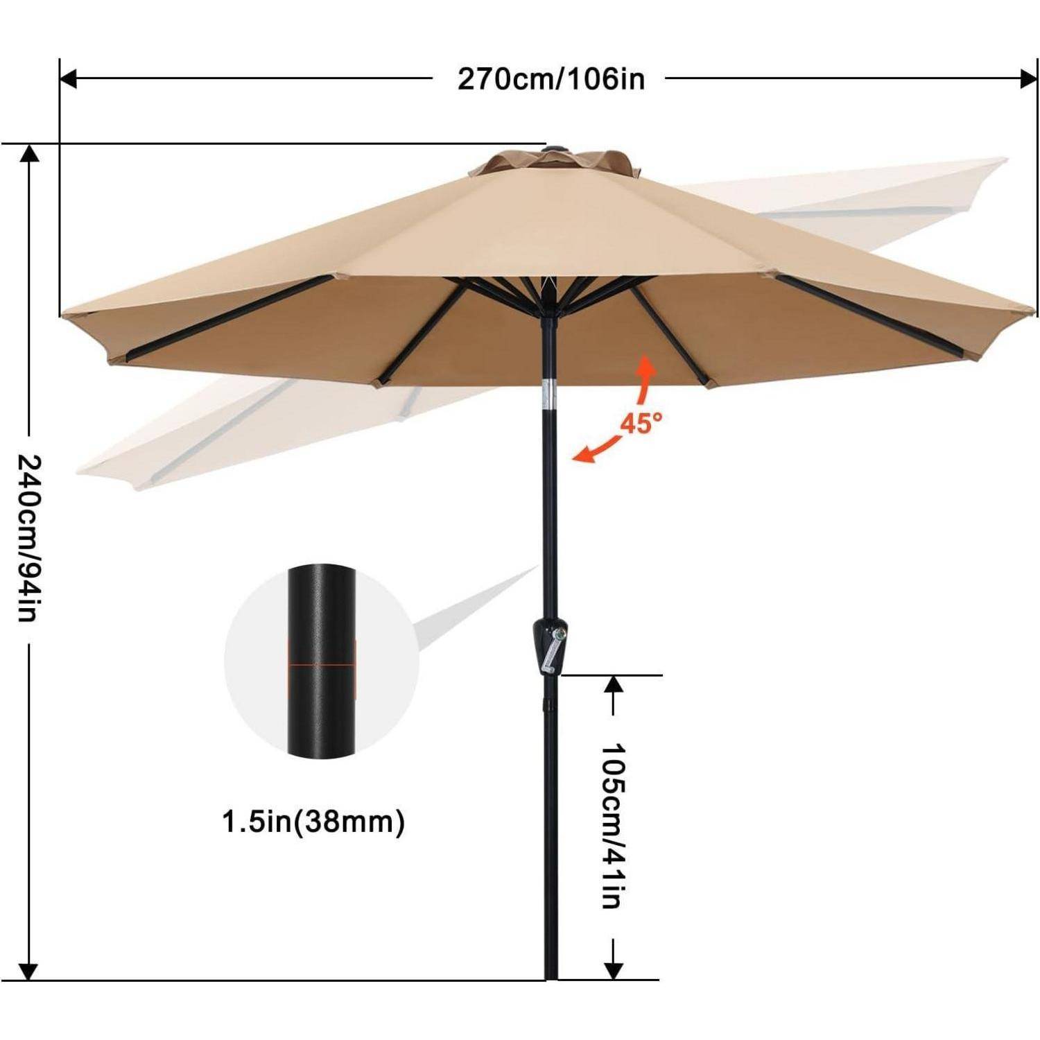 Ein beiger Außenschirm mit einem Neigungswinkel von 45 Grad über einem schwarzen Mast, Abmessungen beschriftet: Durchmesser 270 cm (106 Zoll), Höhe 240 cm (94 Zoll).