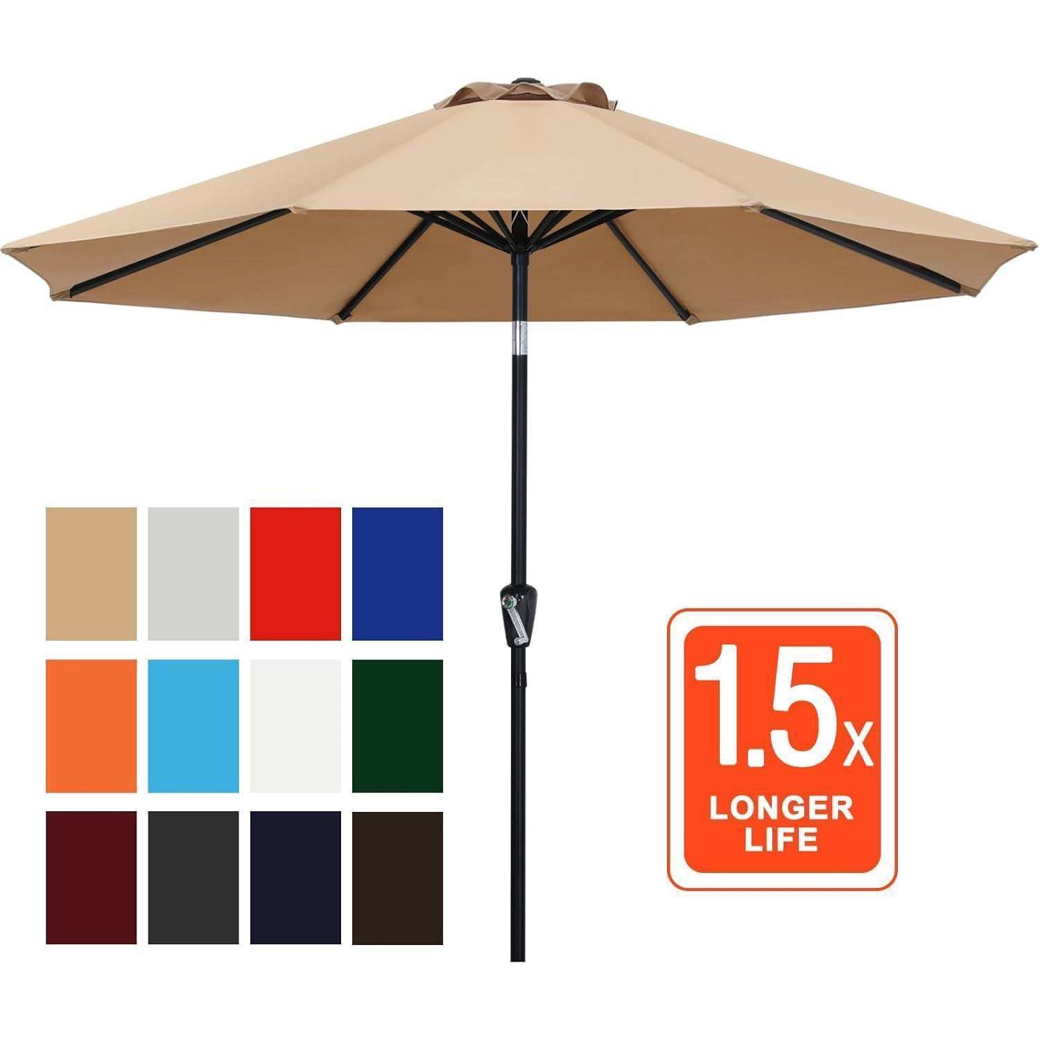 Beige Terrassenregenschirm mit schwarzem Mast, versehen mit einer Etikette '1,5-mal längere Lebensdauer'. Umfasst eine Palette von 12 Farboptionen.