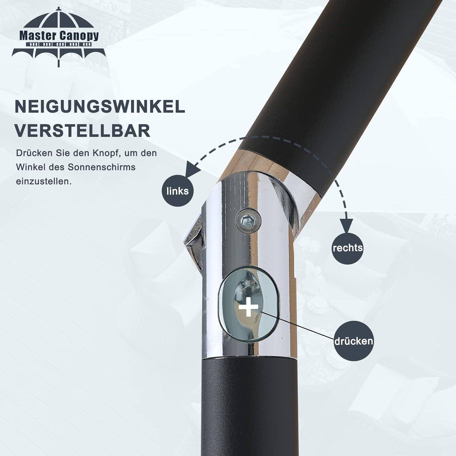 Anweisung zur Verstellung der Neigung eines Sonnenschirms. 'Drücken Sie den Knopf, um den Winkel des Sonnenschirms einzustellen.' Pfeile zeigen die Rotation.