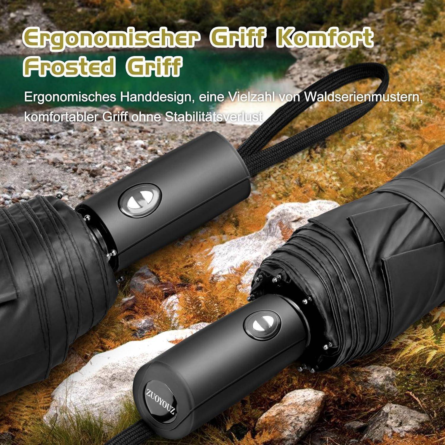 Schwarzer Regenschirm mit ergonomischem, mattiertem Griff, der Komfort und Stabilität fördert. Der Text hebt sein elegantes Design und seine Mustervielfalt hervor.