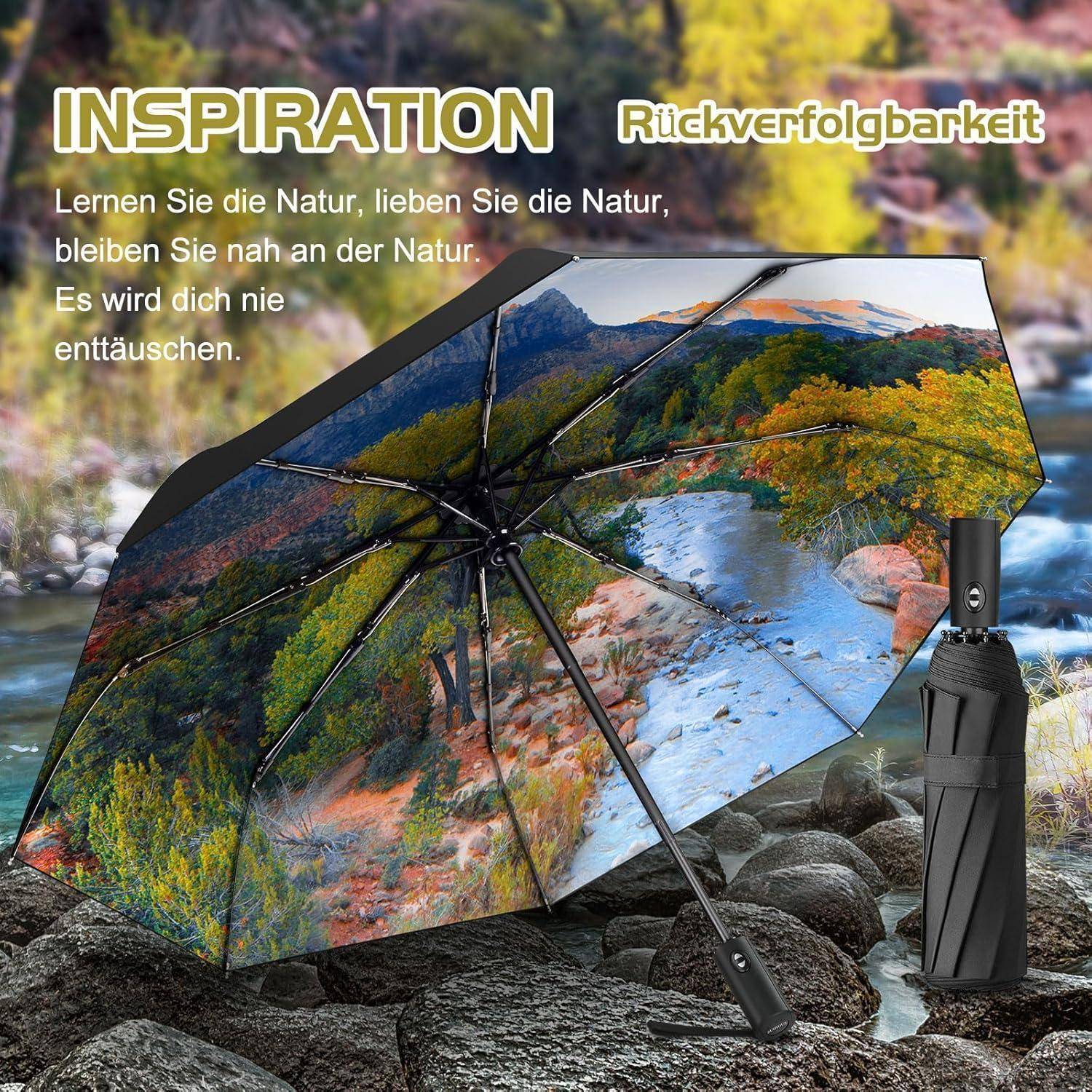 Ein faltbarer Regenschirm mit einer gedruckten Naturszene liegt auf Felsen neben einem Fluss. Der Text auf Deutsch lautet 