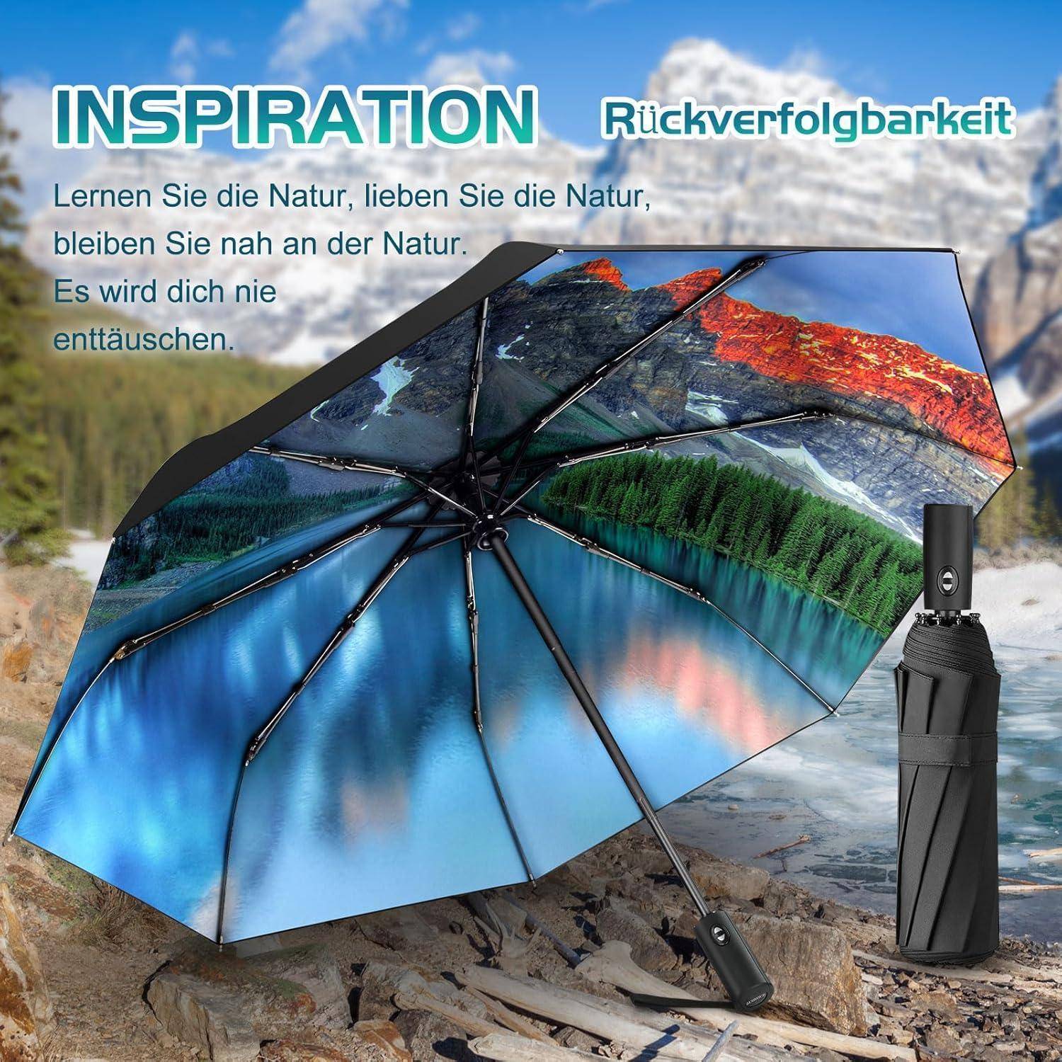 Ein geöffneter Regenschirm mit einer Landschaftsgestaltung, die eine Bergsee-Szene zeigt, und Text über Natur und Inspiration im Hintergrund.