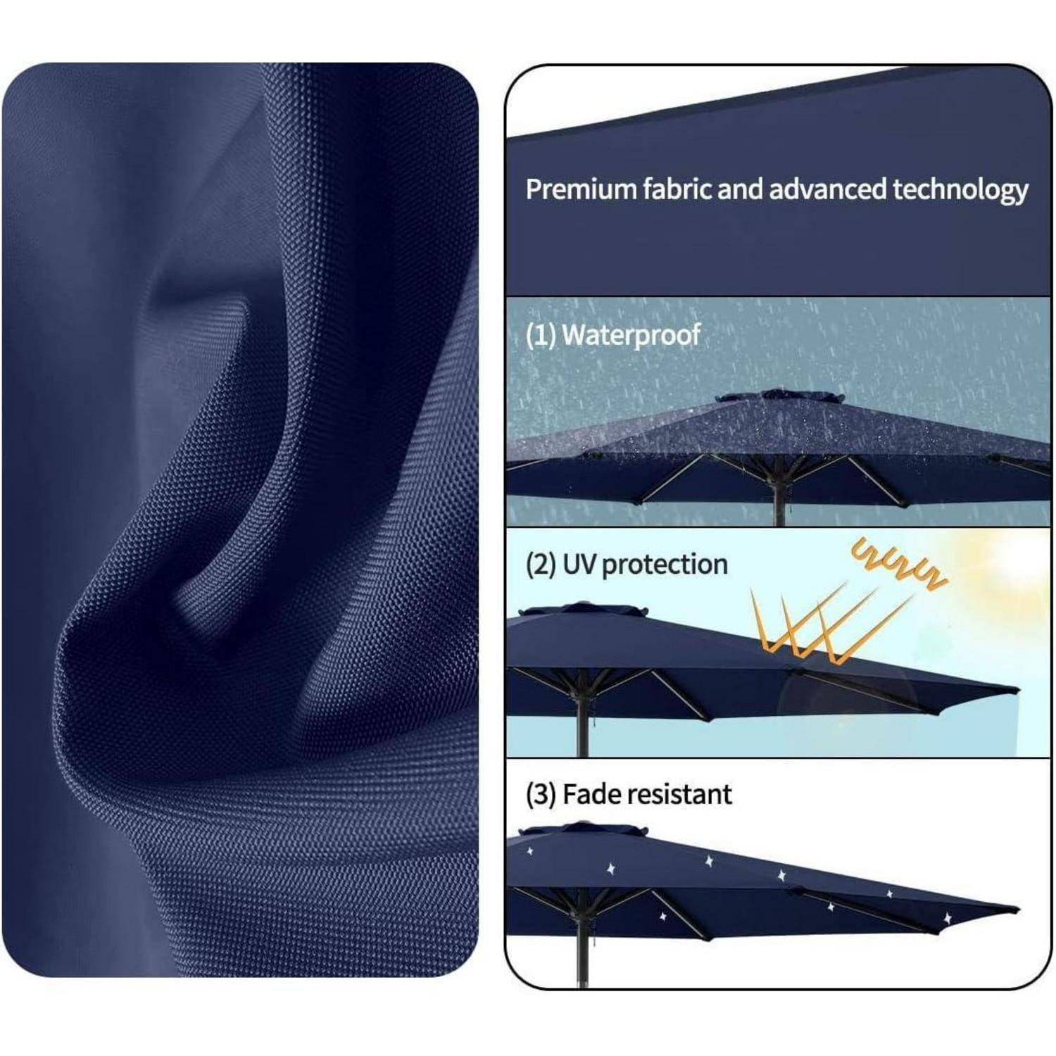 Premium-Stoff und fortschrittliche Technologie: (1) Wasserdicht - Bild zeigt Regen auf einem Regenschirm. (2) UV-Schutz - Sonnenstrahlen werden blockiert. (3) Farbbständig - Regenschirm behält seine Farbe.