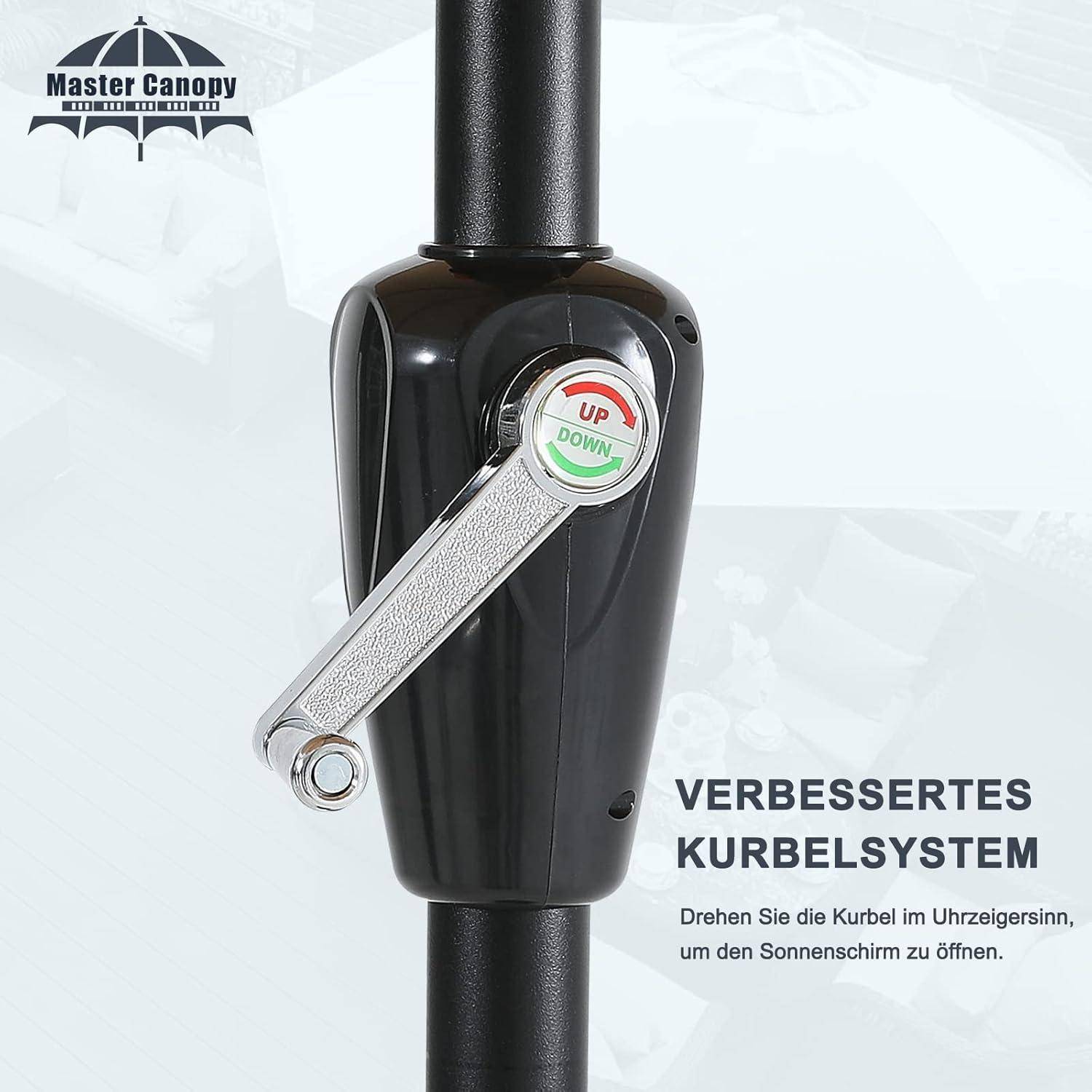 Ein schwarzer Kurbelgriff an einem Sonnenschirmstativ mit einer Beschriftung, die die Richtungen 
