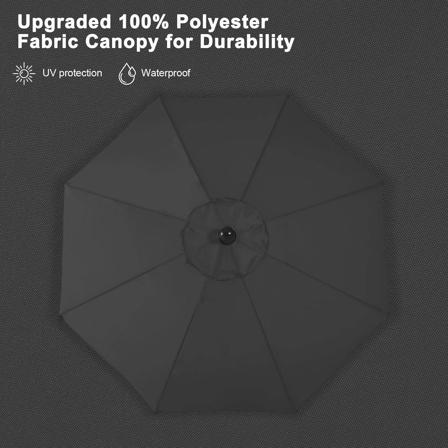 Schwarzer Regenschirm von oben, mit dem Text 'Aufgewertet mit 100% Polyester Stoff für maximale Haltbarkeit'. Icons für UV-Schutz und wasserdichte Eigenschaften.