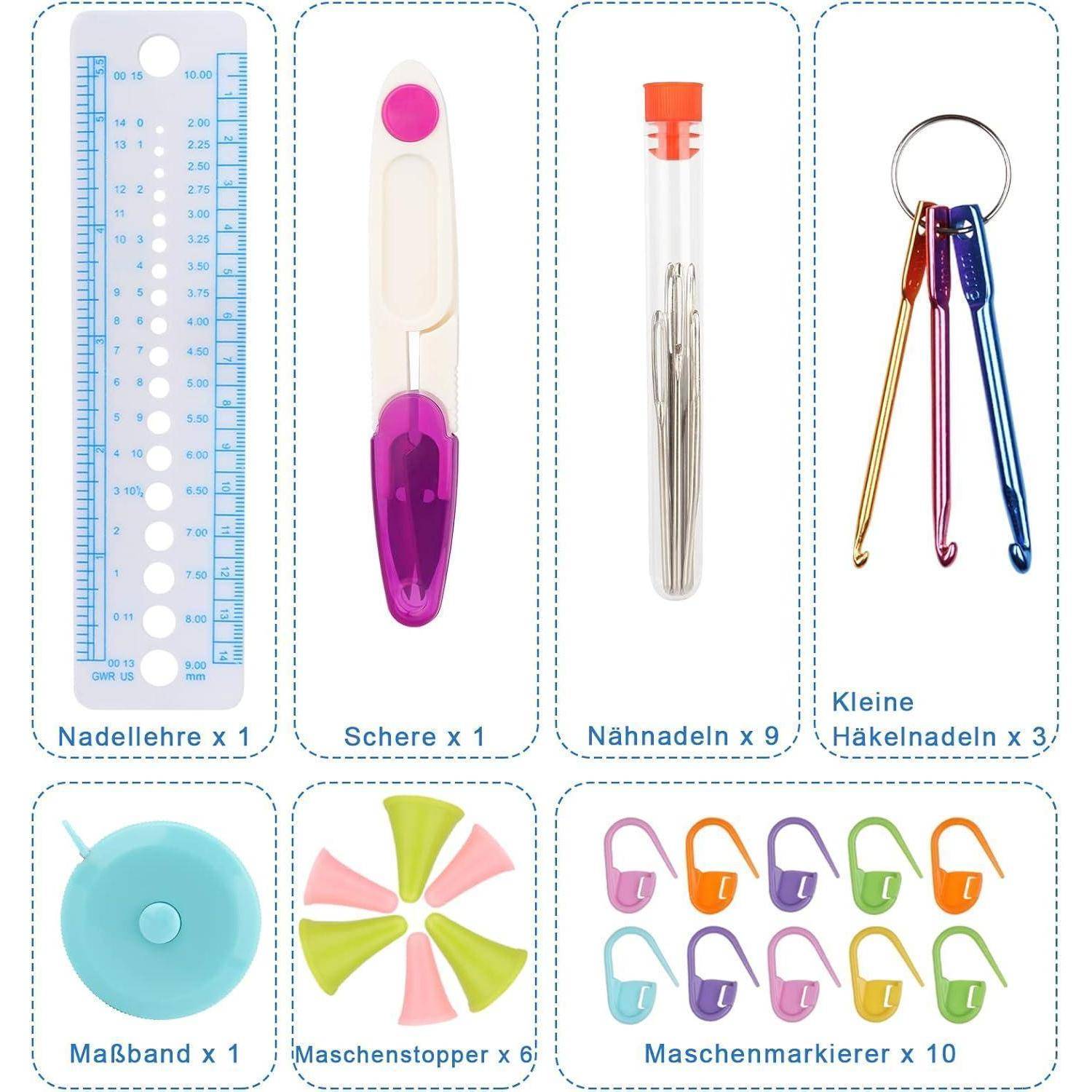 Ein Strickwerkzeug-Set mit Nadelmaß, Schere, Nähnadeln, kleinen Häkelnadeln, Maßband, Maschenhaltern und Markierern.