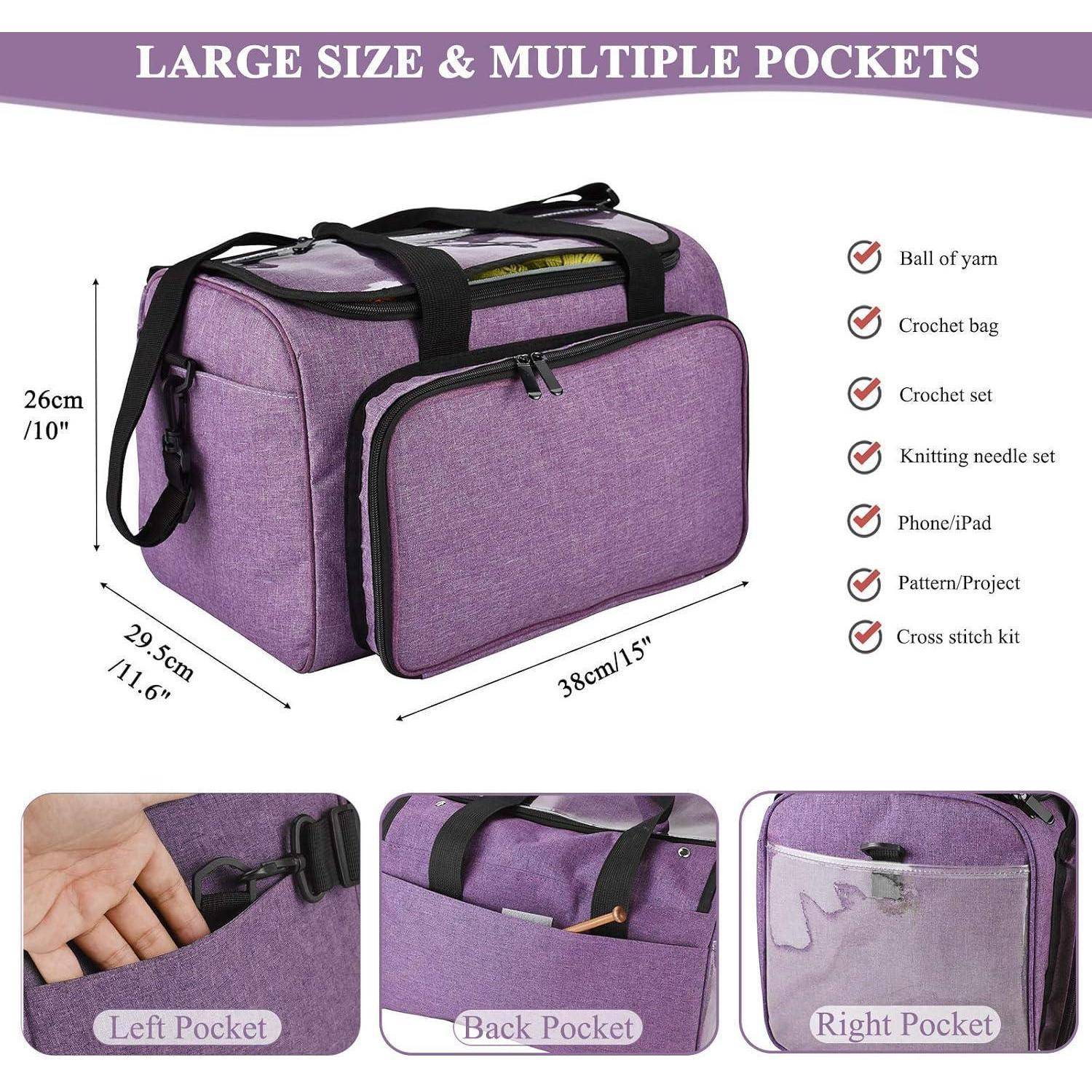 Häkeltasche in Lila in Größ mit vielen Taschen' - große Größe & mehrere Taschen: Platz für Wollknäuel, Häkelnadel, Werkzeugset, Handy/iPad, Anleitungen. Gezeigte Größe: 38cm x 26cm x 20,5cm.