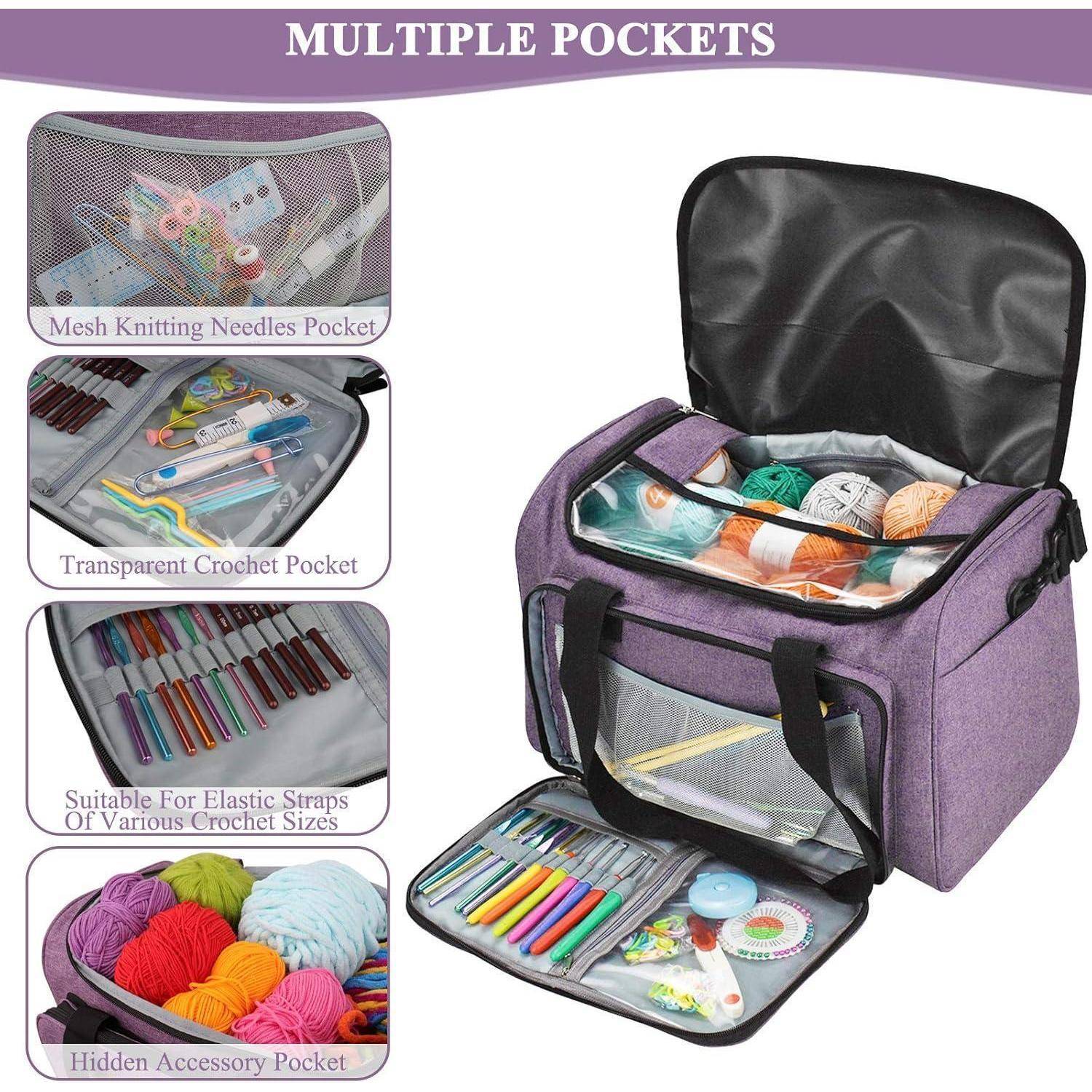 Multiple Pockets' Strick- und Häkeltasche, mit Netznadeltasche, transparenter Häkeltasche, elastischen Riemchentaschen und versteckter Zubehörtasche.