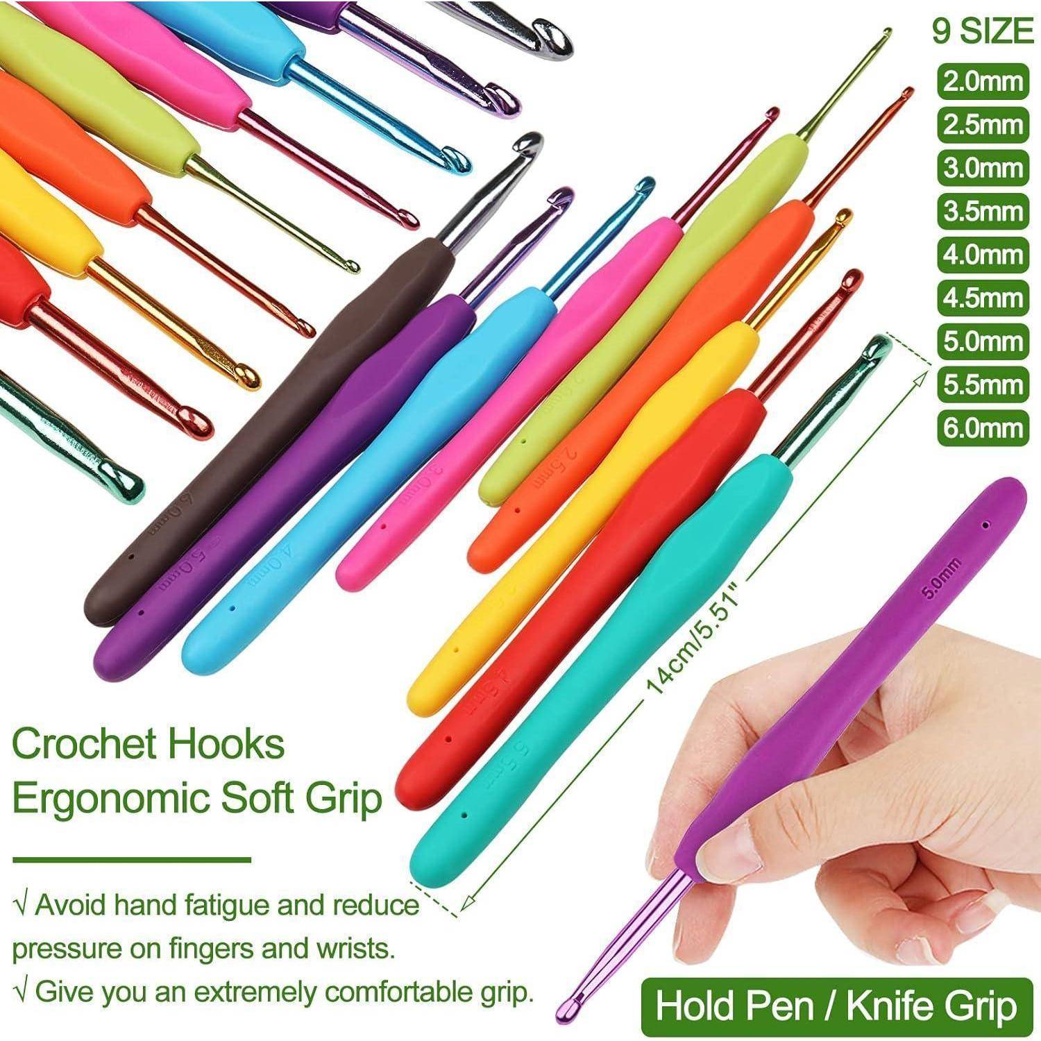 Häkelnadelset Ergonomisch Weicher Griff: 9 bunte Nadeln, Größen 2,0 mm bis 6,0 mm, mit Fokus auf Handkomfort und Druckreduzierung.