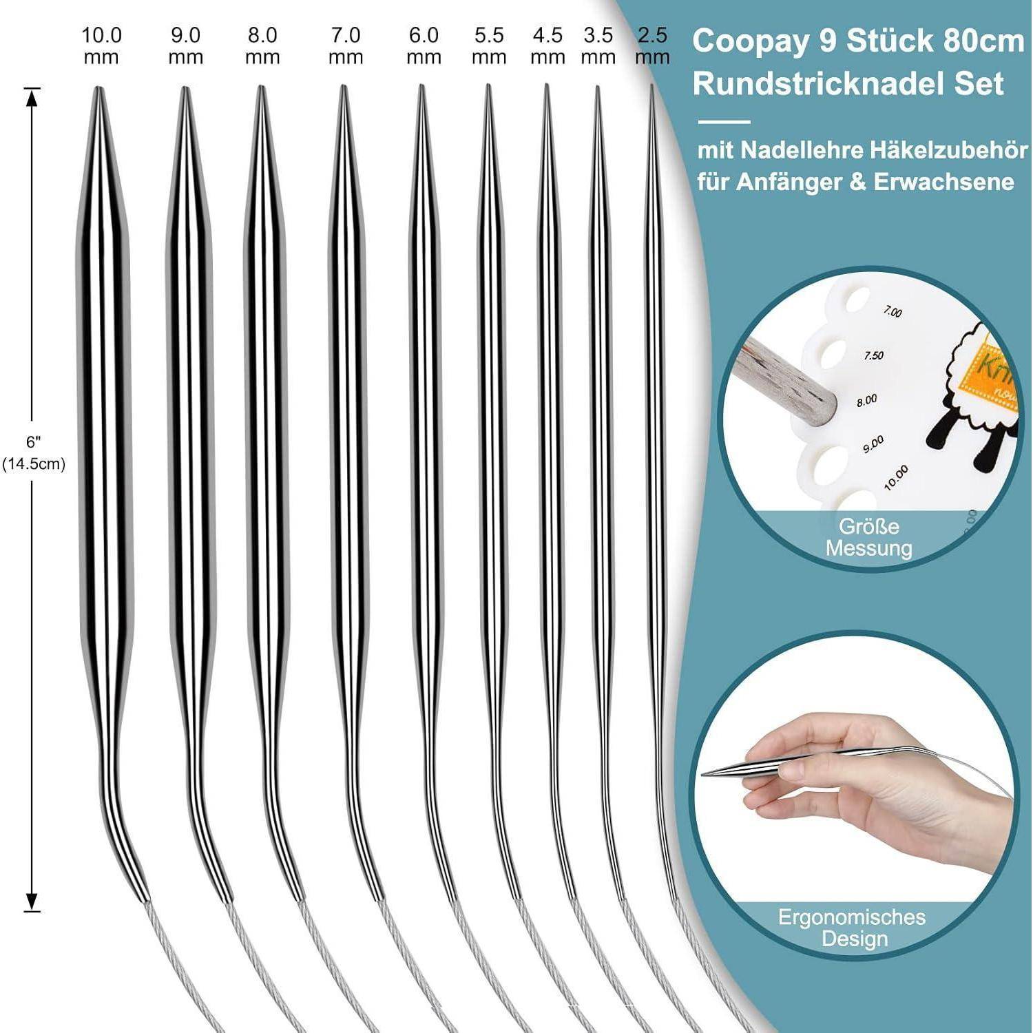 Coopay 9 Stück 80cm Rundstricknadel Set', zeigt neun Stricknadeln in verschiedenen Größen, beschriftet in Millimetern von 10,0 bis 2,5.