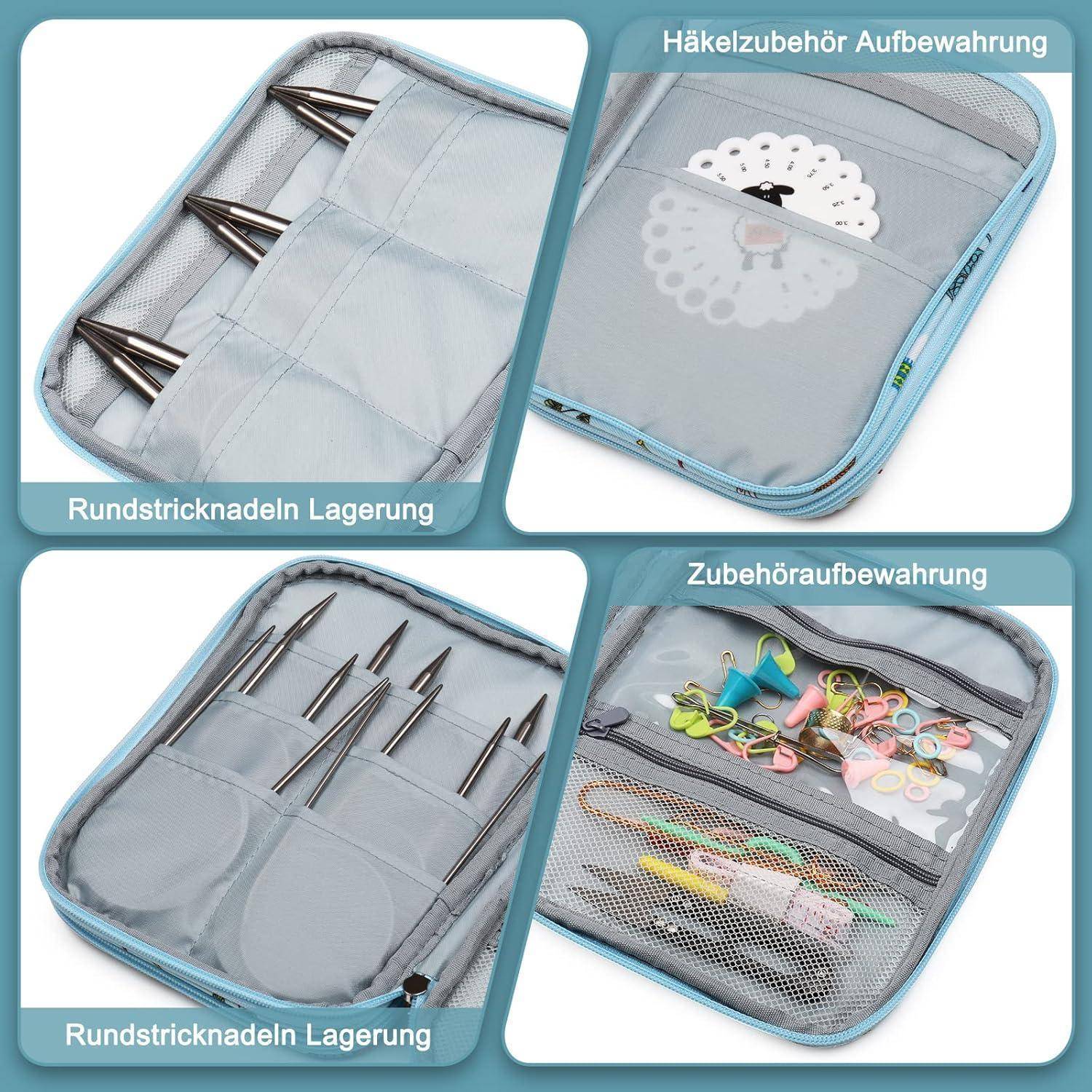 Stricknadeletui mit beschrifteten Abschnitten für Rundstricknadeln und Zubehör. Beinhaltet Fächer zur Aufbewahrung von Häkelutensilien.