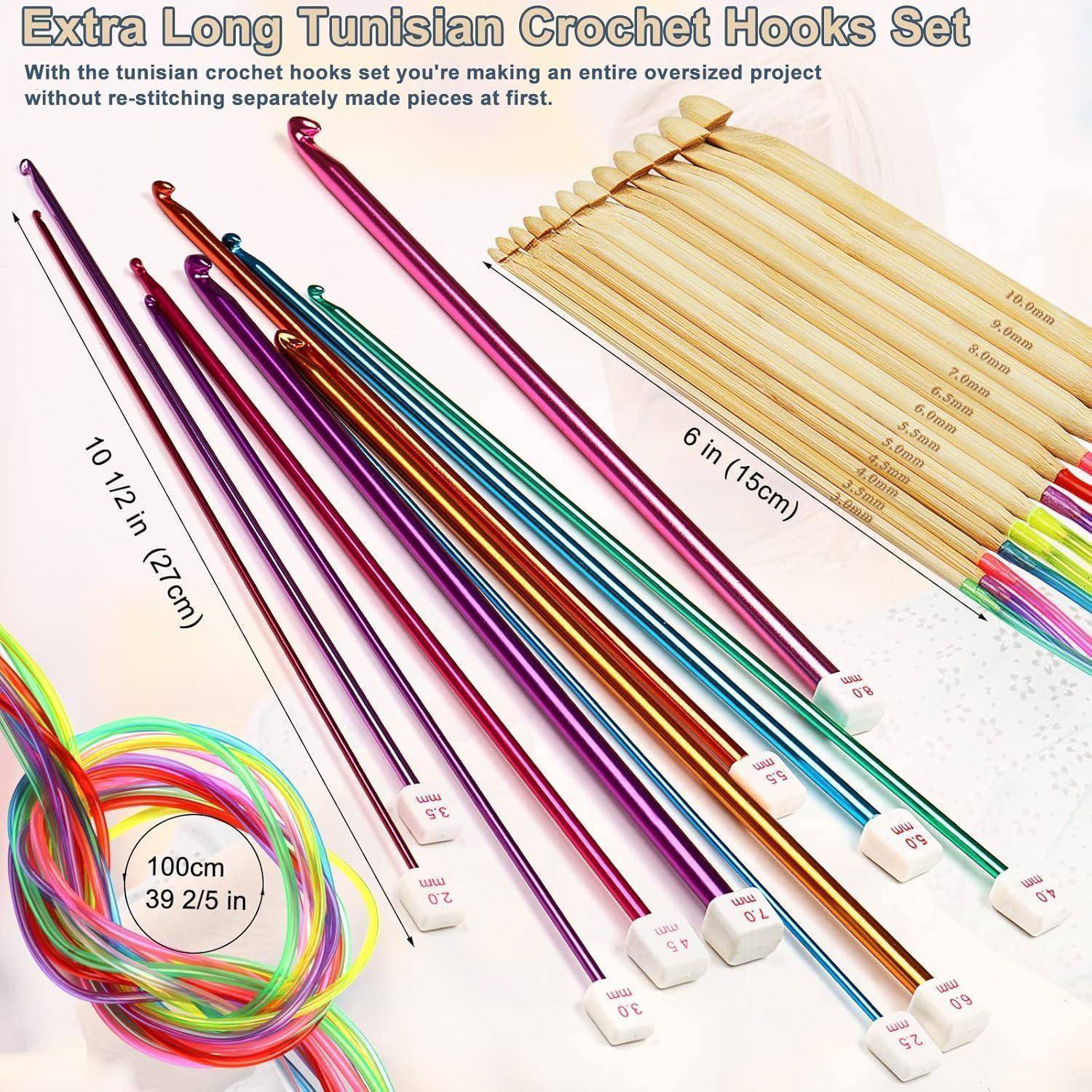Tunesische Häkelnadel-Set' umfasst 12 Metallhaken in verschiedenen Farben, Längen von 10-12 Zoll, 6-Zoll-Bambus-Haken und 100 cm lange Kabel.
