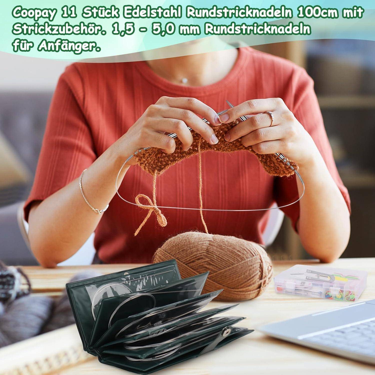 Rundstricknadeln Set 100 cm Edelstahl 11 Stück mit Etui und Zubehör