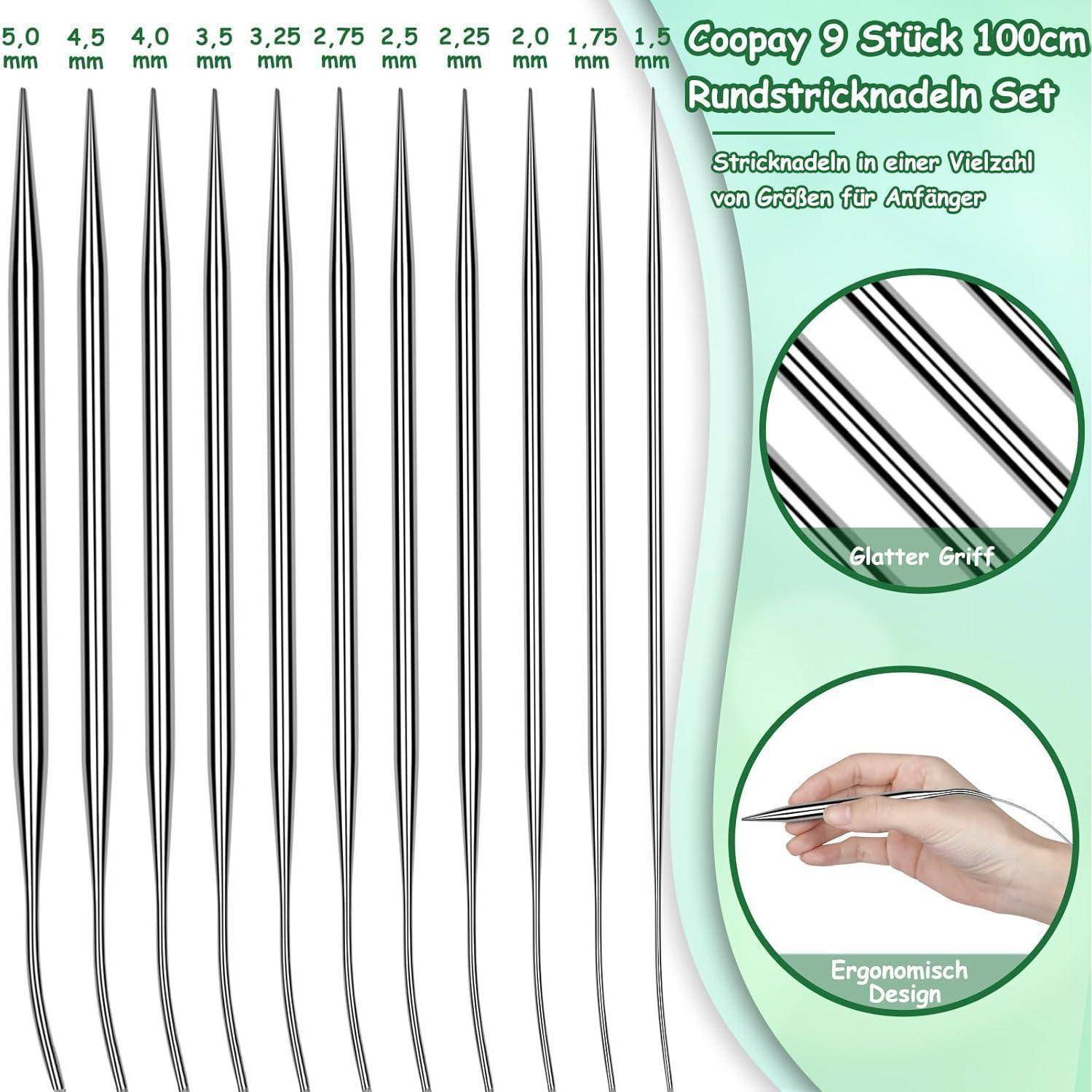 Rundstricknadeln Set 100 cm Edelstahl 11 Stück mit Etui und Zubehör