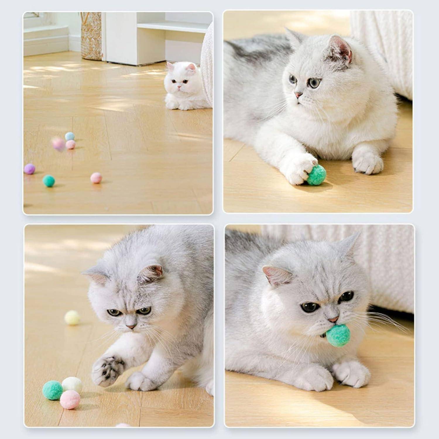 Vier Bilder einer weißen und grauen Katze, die mit bunten Pompons auf einem Holzboden spielt. Die Katze wirkt neugierig und konzentriert.