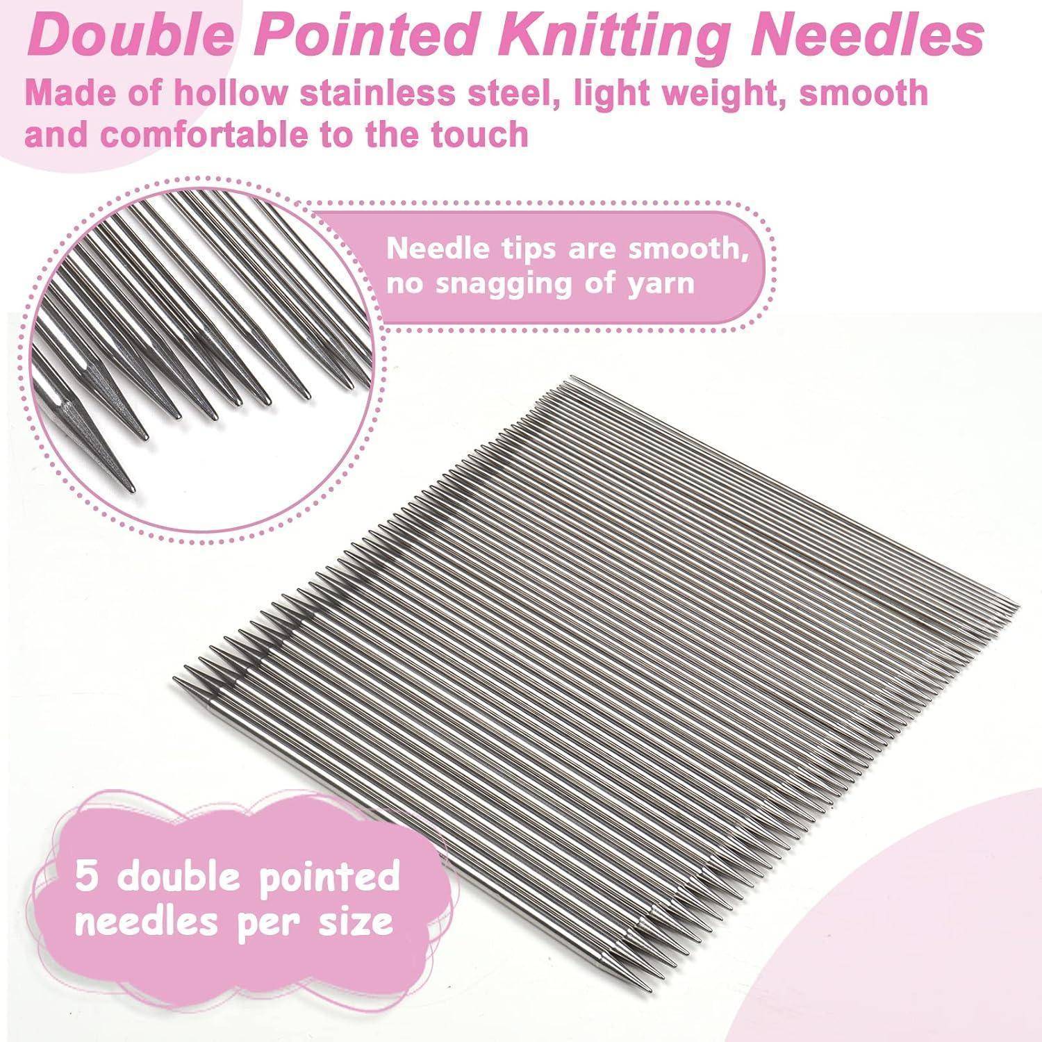 Doppelspitze Stricknadeln sind in Silber dargestellt und zeigen glatte, snippenfreie Spitzen. Enthält 5 Nadeln pro Größe, hergestellt aus hohlprofiliertem Edelstahl.