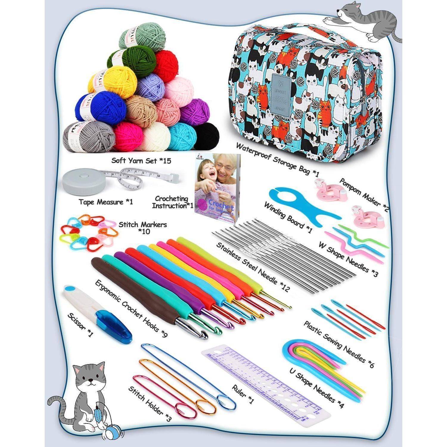 Blaue Katze Häkelset 15 Häkelgarn Anfänger Starter Set Häkeltasche