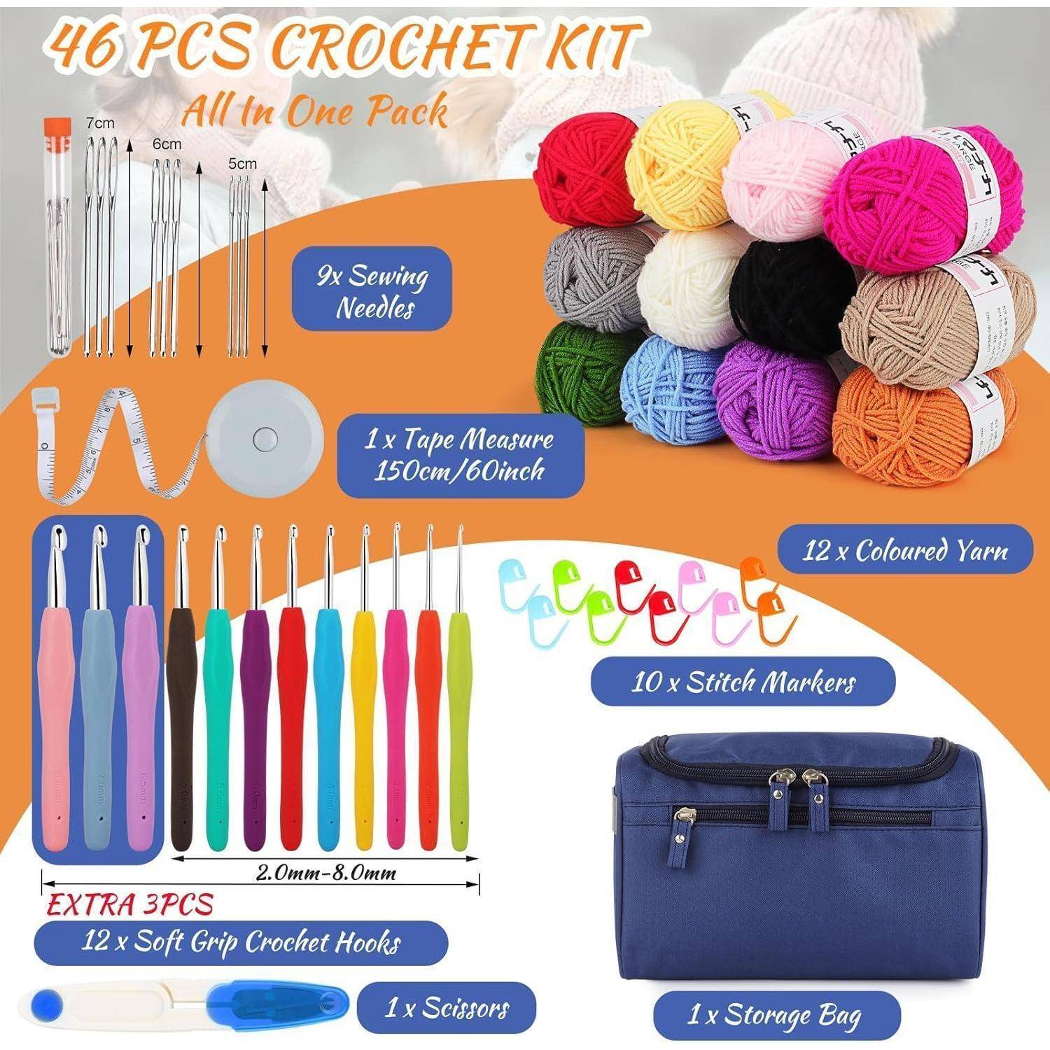 46-teiliges Häkel-Set – Alles in einem Paket' Bild zeigt farbige Wollknäuel, Häkelnadeln, Nähnadeln, Maßband, Maschenmarkierer, Schere und eine Aufbewahrungstasche.