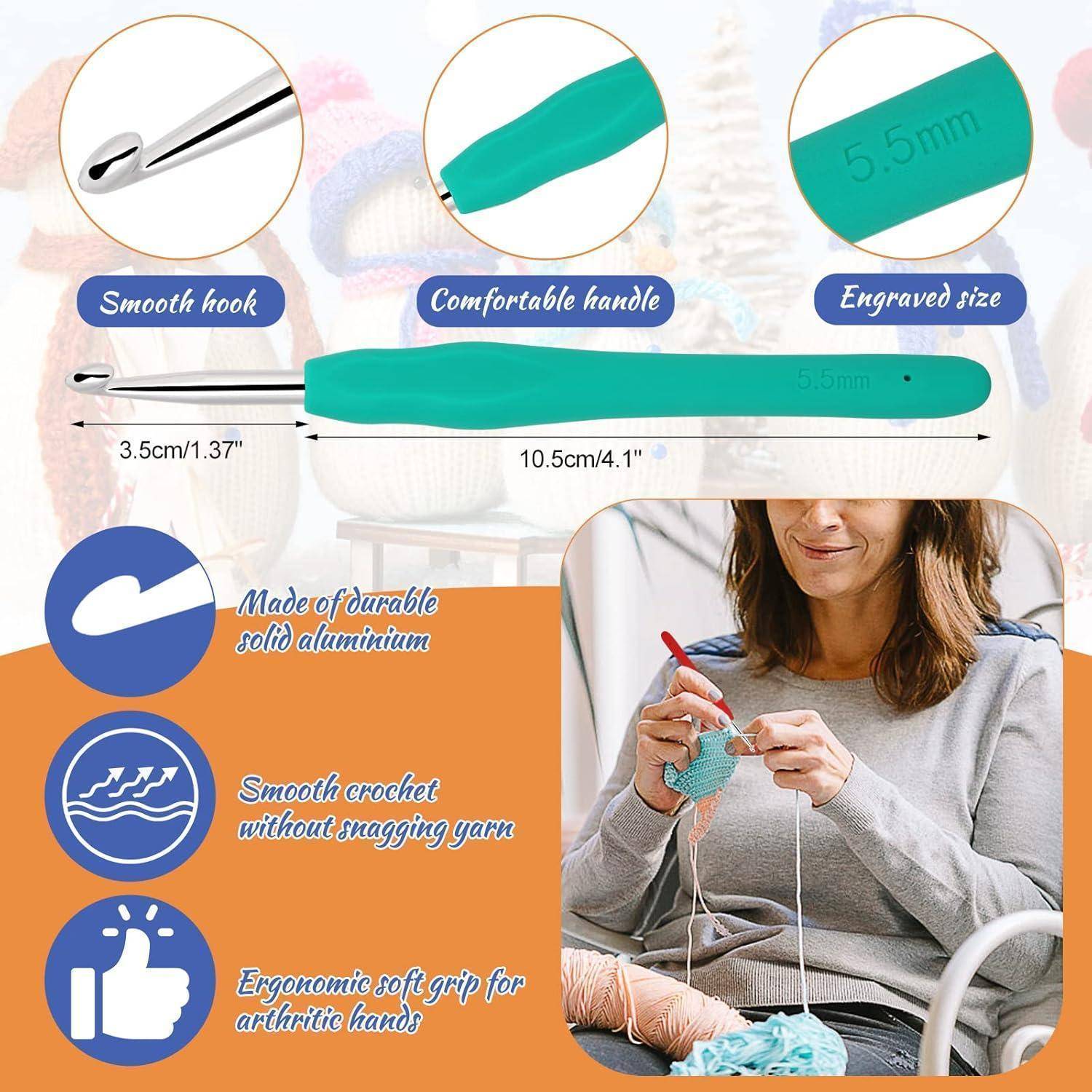 Ergonomischer Häkelnadel mit glatter Aluminiumspitze, bequemem Griff und eingravierter Größe. Fördert das Häkeln ohne Hängenbleiben mit weichem Griff.
