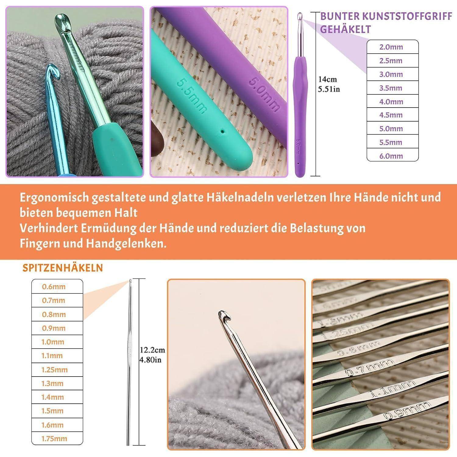 Das Bild zeigt verschiedene ergonomische Häkelnadeln in unterschiedlichen Größen, mit einer Tabelle, die ihre Maße von 0,6 mm bis 5,0 mm auflistet.