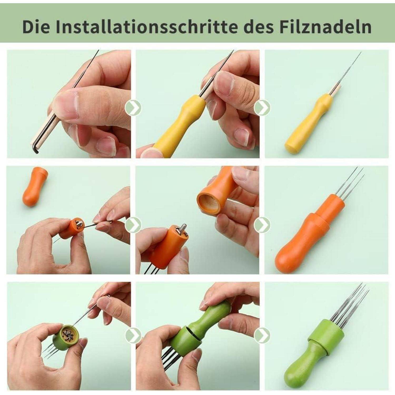 Die Installationsschritte des Filznadeln' zeigt neun Schritte zur Montage: Nadeln in Halter einführen, Griff sichern und Nadeln einsetzen.