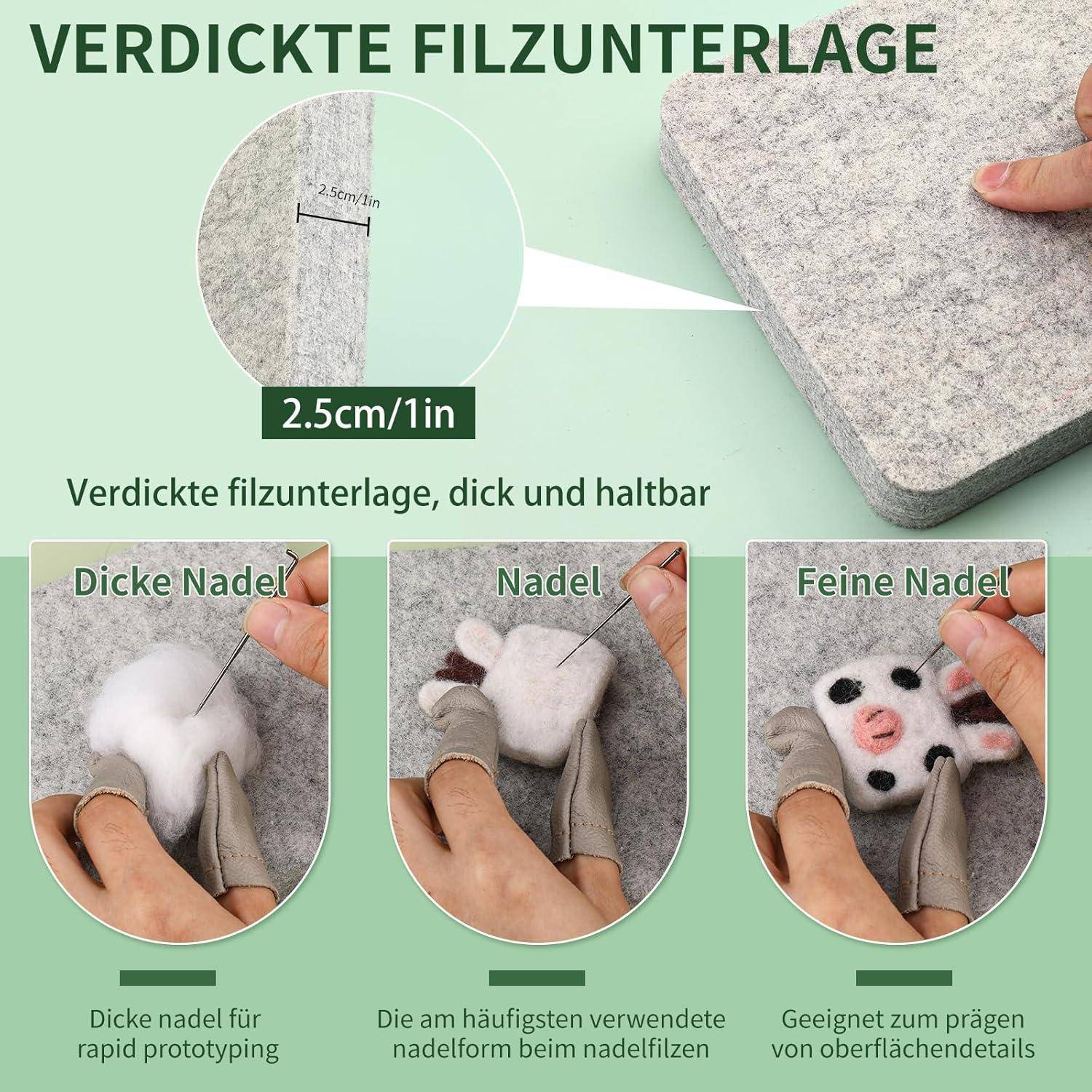 Dicke Filzpads mit Abmessungen von 2,5 cm/1 Zoll. Enthält Darstellungen von Nadeln und Filz, die die Haltbarkeit für schnelles Prototyping hervorheben.
