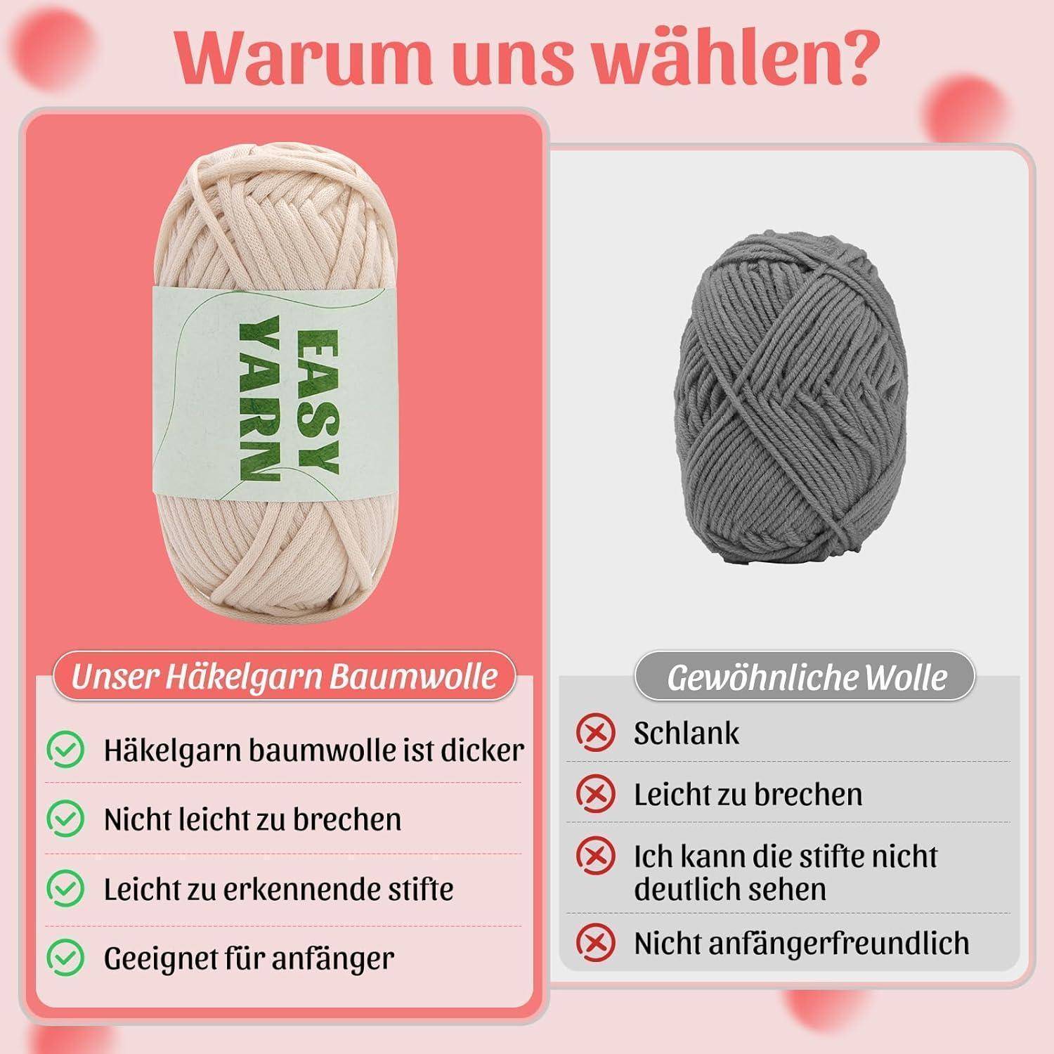 Das Bild vergleicht ‚Einfaches Garn' und ‚Normales Garn' zum Häkeln. ‚Einfaches Garn' ist dicker, bricht nicht leicht, gut sichtbar und anfängerfreundlich. ‚Normales Garn' ist dünn, bricht leicht, schwer zu sehen und nicht anfängerfreundlich.