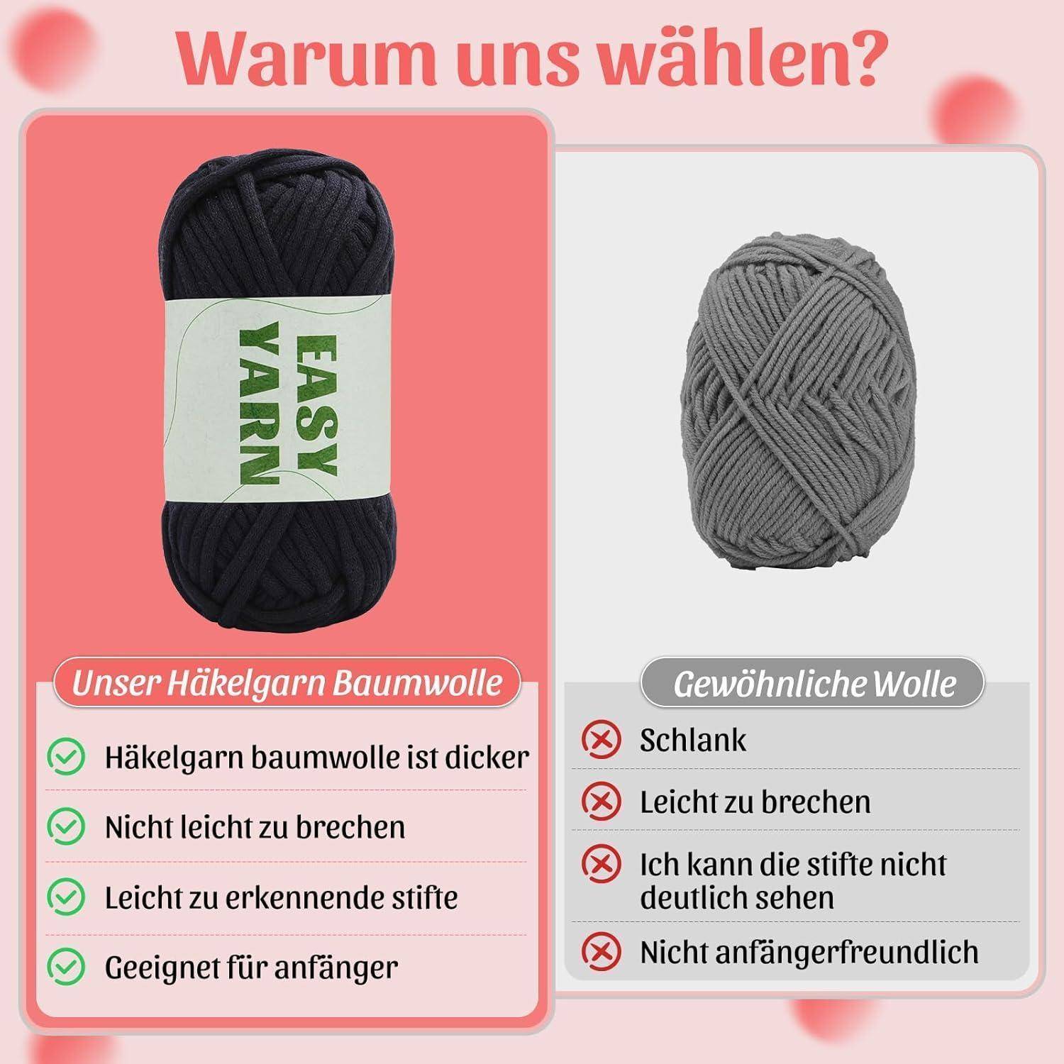 Vergleich von 'Easy Yarn' und 'Regulärem Garn'. Vorteile von 'Easy Yarn': dicker, nicht leicht zu zerreißen, Maschen leicht zu erkennen, anfängerfreundlich.