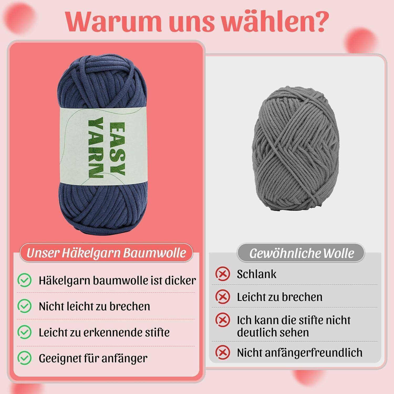 Warum uns wählen?' Überschrift. Links: 'Unser Häkelgarn Baumwolle' mit Vorteilen. Rechts: 'Gewöhnliche Wolle' mit Nachteilen.