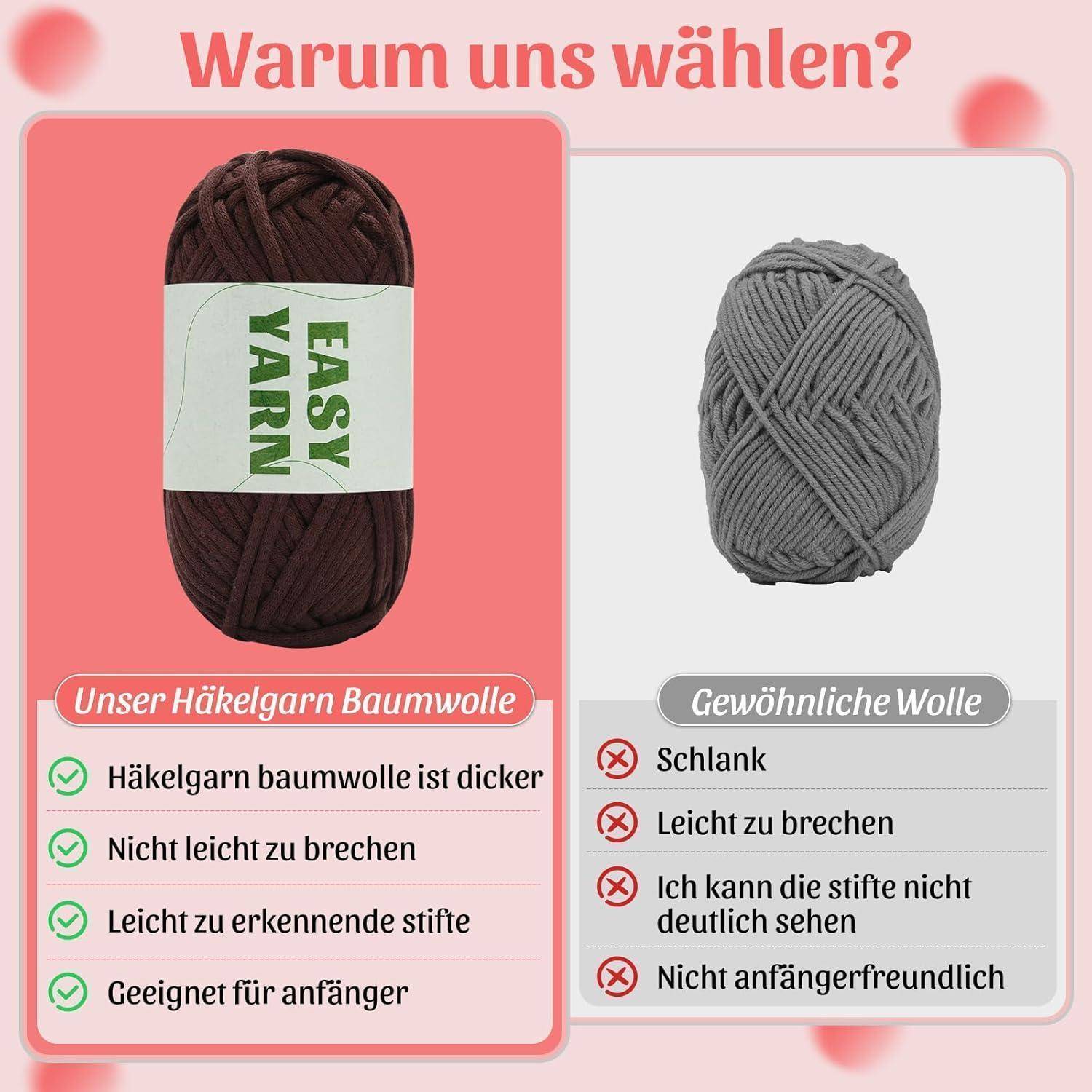Warum uns wählen?' Zwei Garnknäuel mit den Bezeichnungen 'Unser Häkelgarn Baumwolle' und 'Gewöhnliche Wolle' mit Vorteilen für jeden Garntyp darunter aufgelistet.