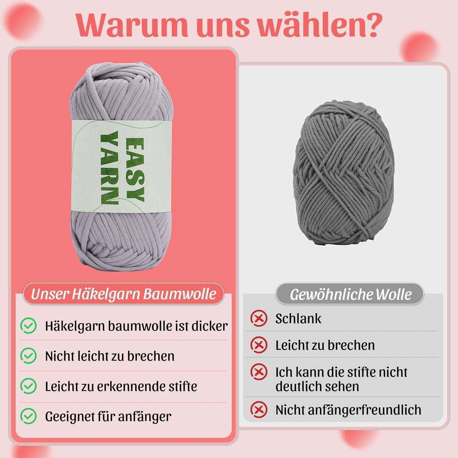 Garn-Vergleichstabelle mit dem Titel 'Warum uns wählen?', die die Vorteile von 'Easy Yarn' gegenüber 'Gewöhnliche Wolle' mit grünen Häkchen hervorhebt.