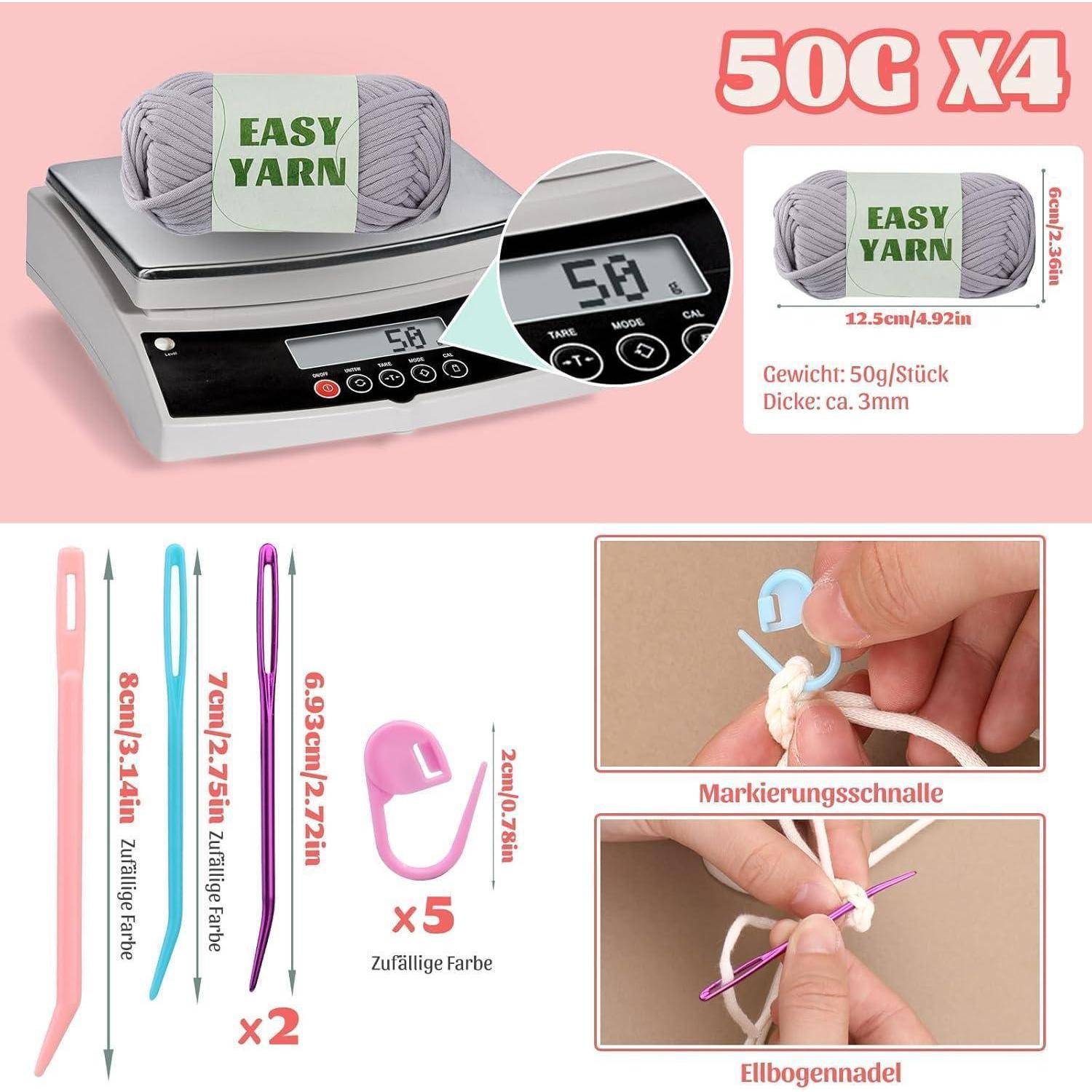 Easy Yarn' Verpackung, 4er-Pack, jeweils 50g auf einer Waage gewogen. Enthält Häkelnadeln in verschiedenen Farben, Größen 8cm, 6,39cm, 12cm, und Markierungen.