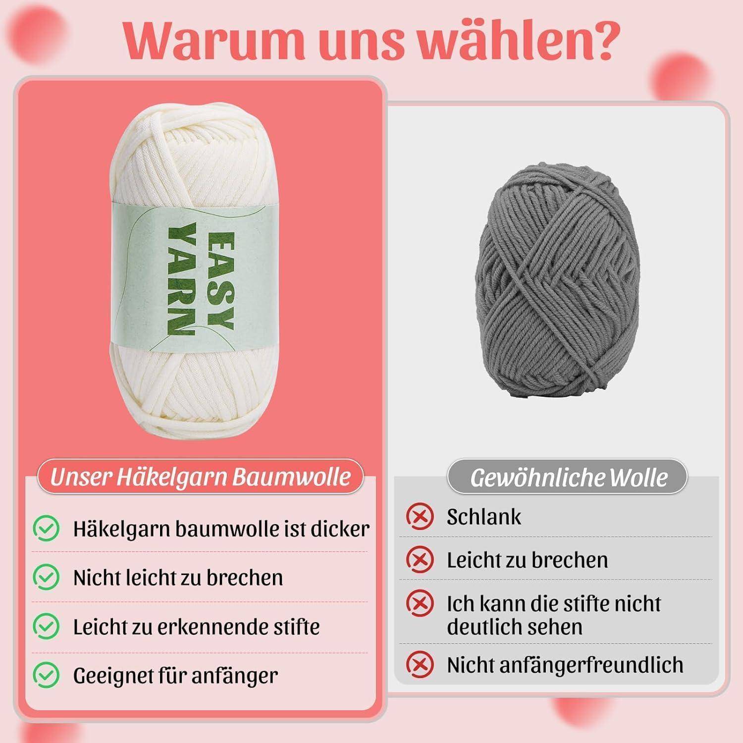 Zwei Garn-Typen im Vergleich: Links wird 'Easy Yarn' in Weiß gezeigt, beschrieben als dickeres, strapazierfähiges, leicht zu erkennendes und anfängerfreundliches Garn. Rechts wird graues Garn gezeigt, beschrieben als dünn, brüchig und für Anfänger schwer zu unterscheiden.