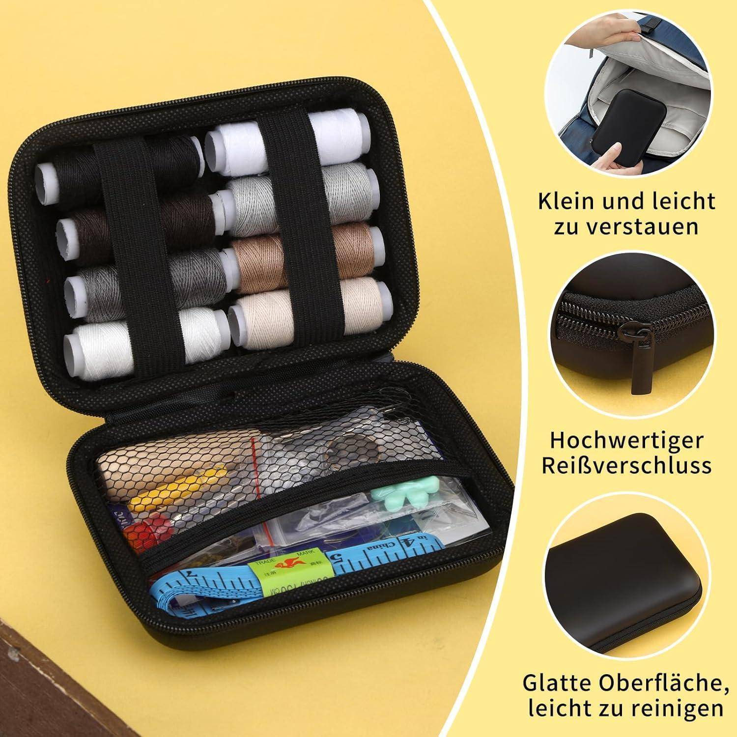 Nähset mit verschiedenen Garnspulen, Maßband und Zubehör. Seitentext hebt Größe, Reißverschlussqualität und glatte Oberfläche hervor.