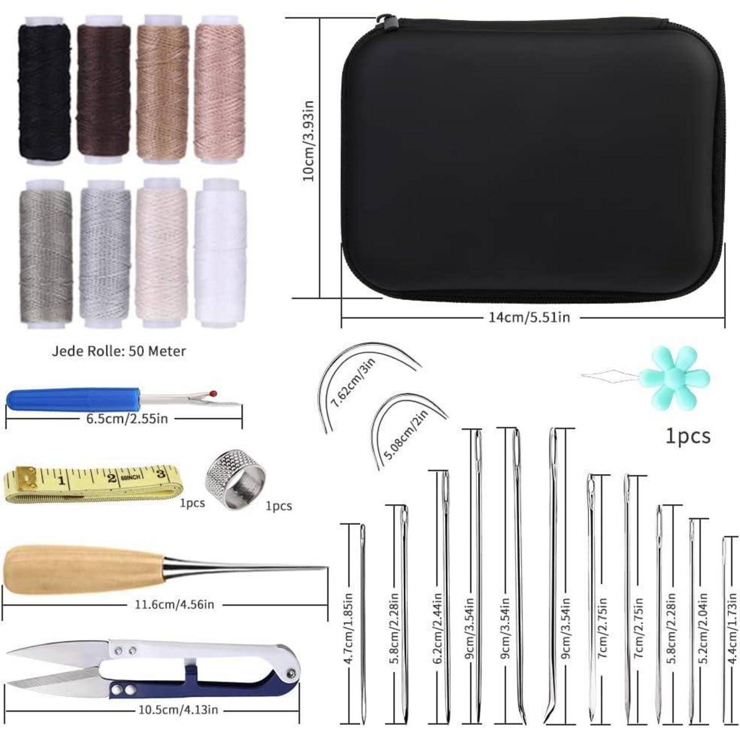 Nähset in einem schwarzen Reißverschlussetui mit verschiedenen Fäden, Maßband, Nadeln, Schere, Fingerhut und Nadeleinfädler.