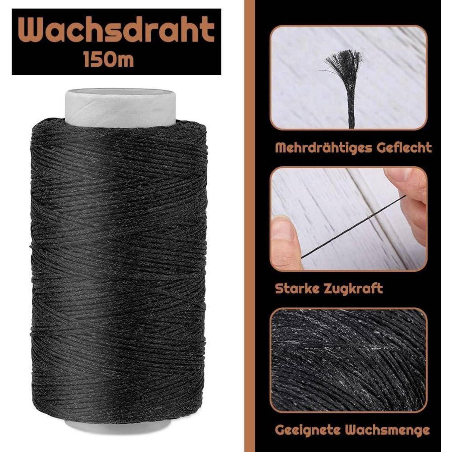 Schwarze Wachsfaden-Spule mit der Aufschrift 'Wachsfaden 150m'; Eigenschaften: mehrsträngige Geflechtstruktur, hohe Zugfestigkeit, optimale Wachsmenge.