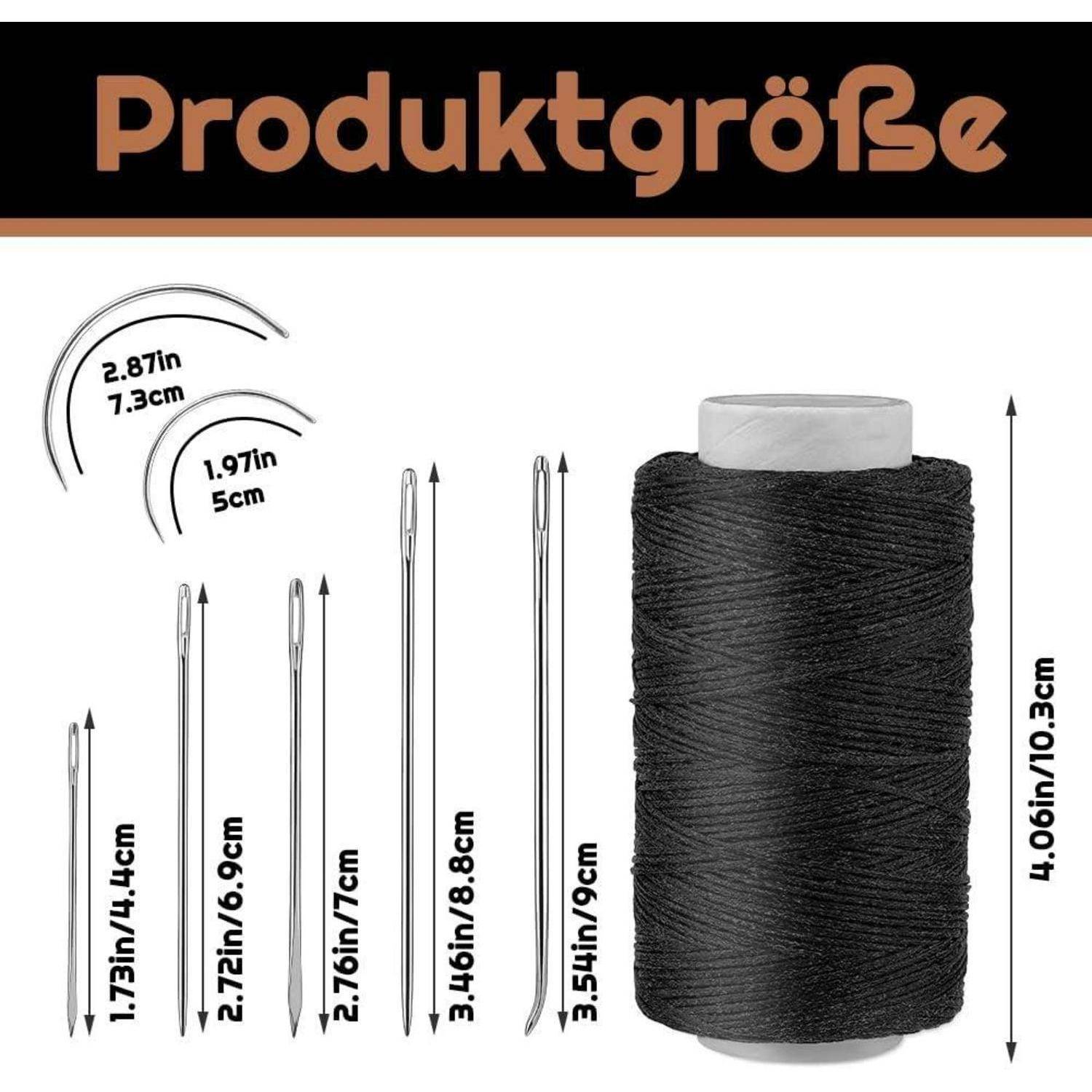 Produktgröße' Diagramm mit schwarzer Fadenspule (10,3 cm), auf dem Nadeln im Bereich von 4,4 cm bis 8,8 cm sowie Fadenabmessungen dargestellt sind.