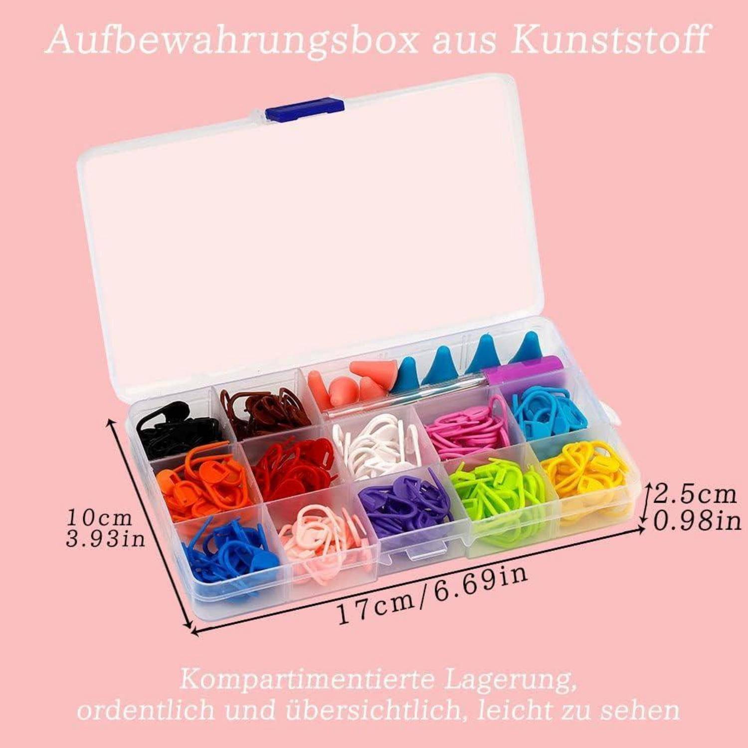 Eine Kunststoff-Aufbewahrungsbox mit Fächern, die verschiedenfarbige Gummibänder enthält, mit Abmessungen: 17 cm x 10 cm x 2,5 cm.