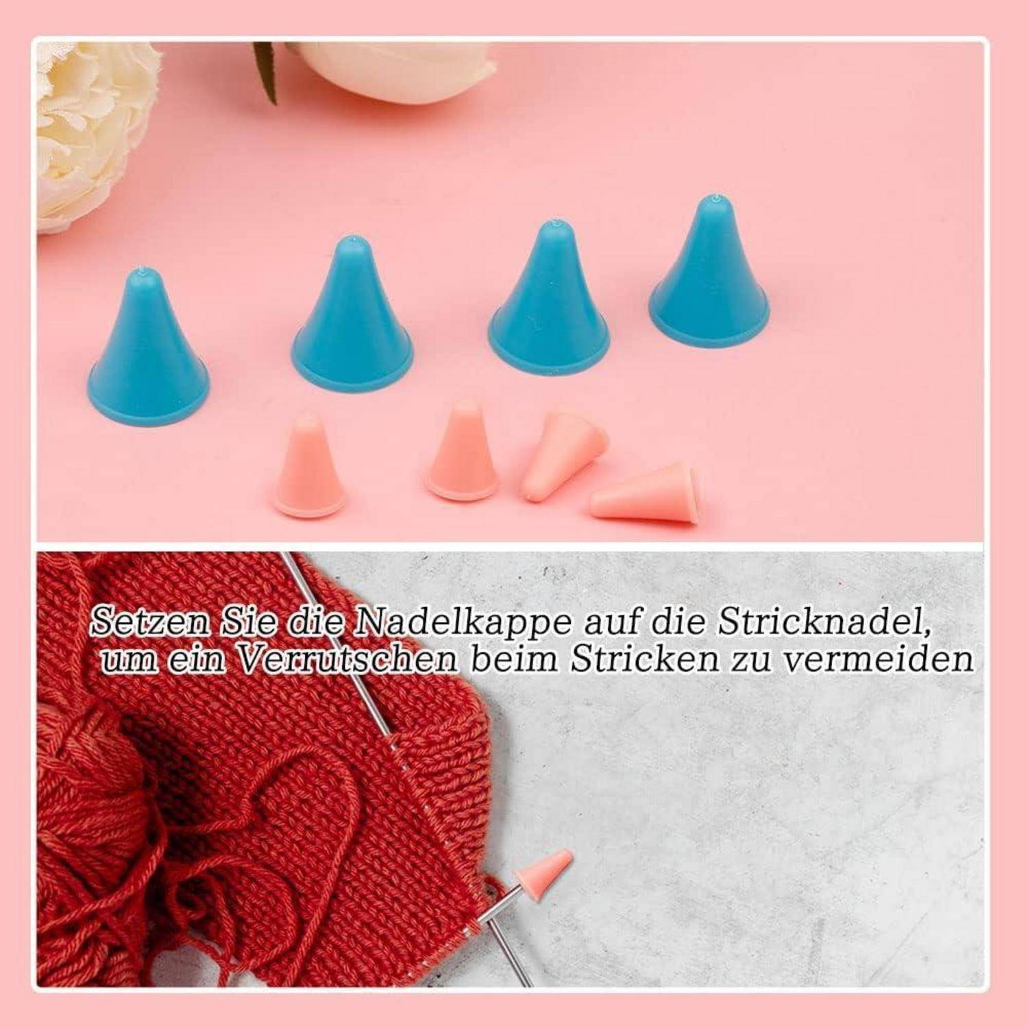 Blaue und rosa Nadelkappen auf einer Oberfläche mit einem Strickutensil darunter. Deutscher Text erklärt, die Kappen zu verwenden, um Rutschen beim Stricken zu verhindern.