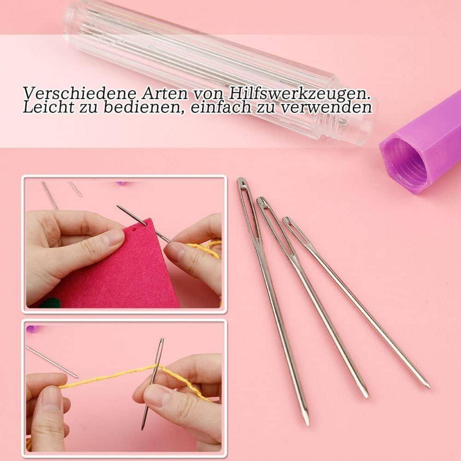 Drei silberne Nähnadeln unterschiedlicher Größe, eine davon mit gelber Wolle bestückt. Über dem Text steht 'Verschiedene Arten von Hilfswerkzeugen.