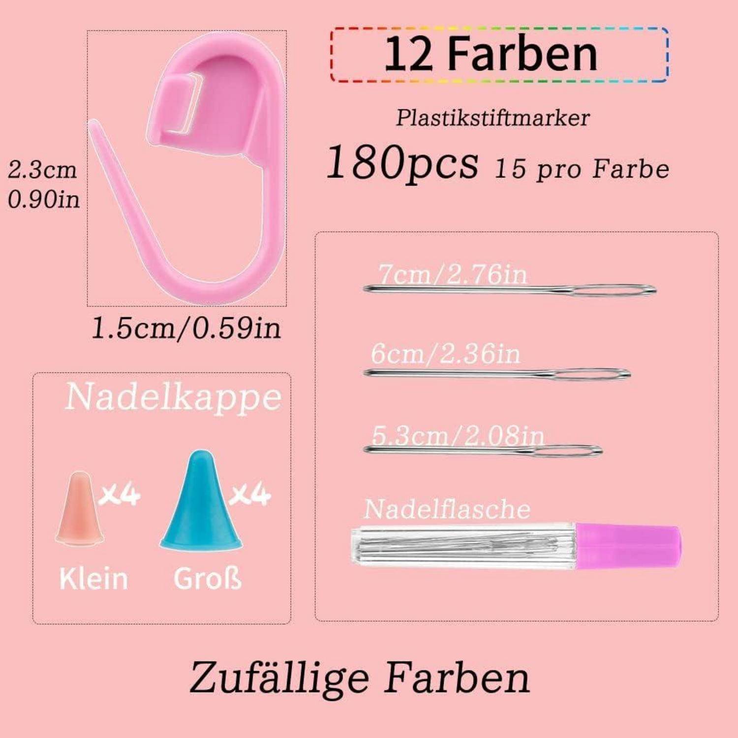 Nadelkappe in den Größen Klein und Groß. Enthält einen Fadeneinführer, 180 Kunststoff-Maschenmarkierer in 12 Farben und einen Nadelkoffer. Zufällige Farben enthalten.
