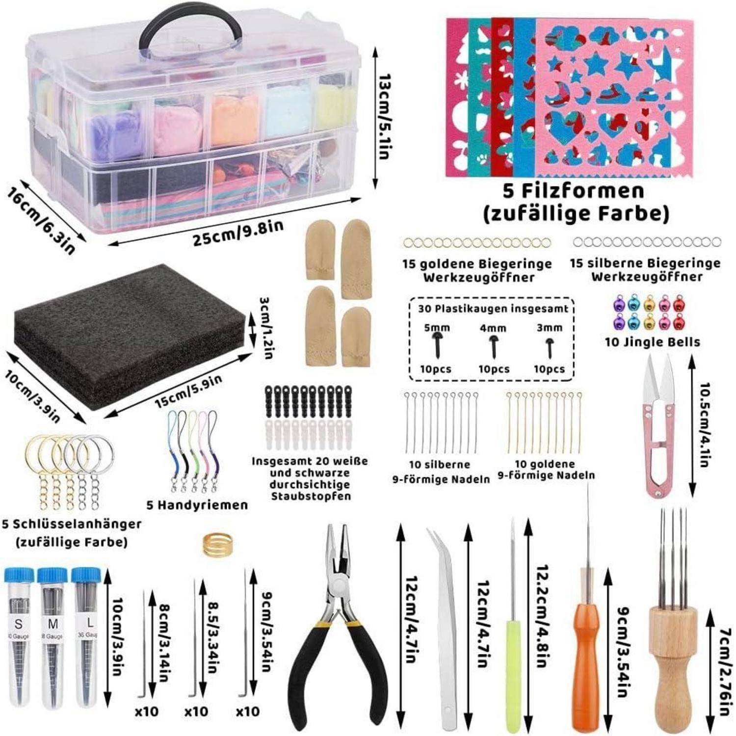 Bastel-Toolkit mit Aufbewahrungsbox, Zange, Filznadeln, 15 silbernen und 15 goldenen Werkzeugöffnern, Schlüsselanhängern, Glocken, Filzformen.
