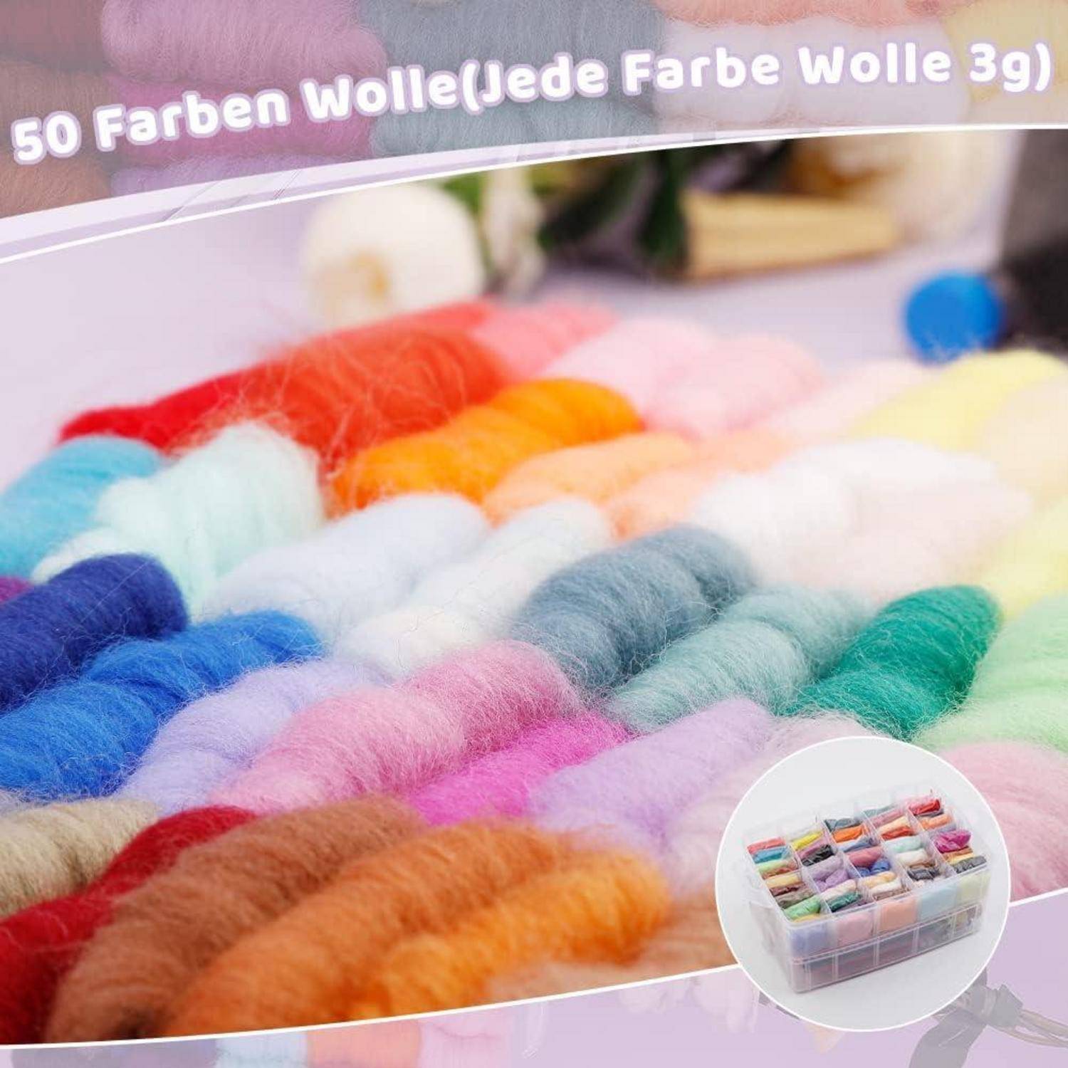 Eine Sammlung bunter Wolle in verschiedenen Schattierungen, mit einem kleinen eingefügten Bild, das 50 Farben zeigt, jeweils 3g. Text lautet '50 Farben Wolle.